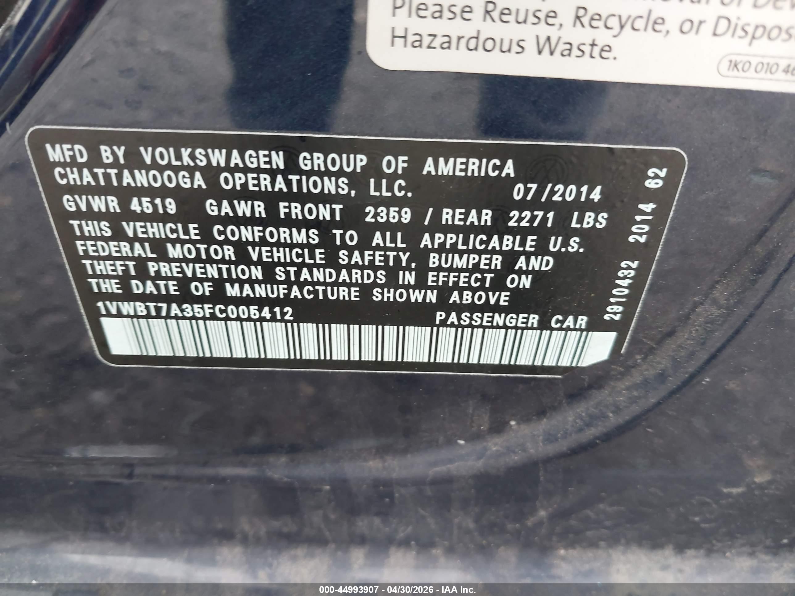 2015 Volkswagen Passat 1.8t Se Синий vin: 1VWBT7A35FC005412