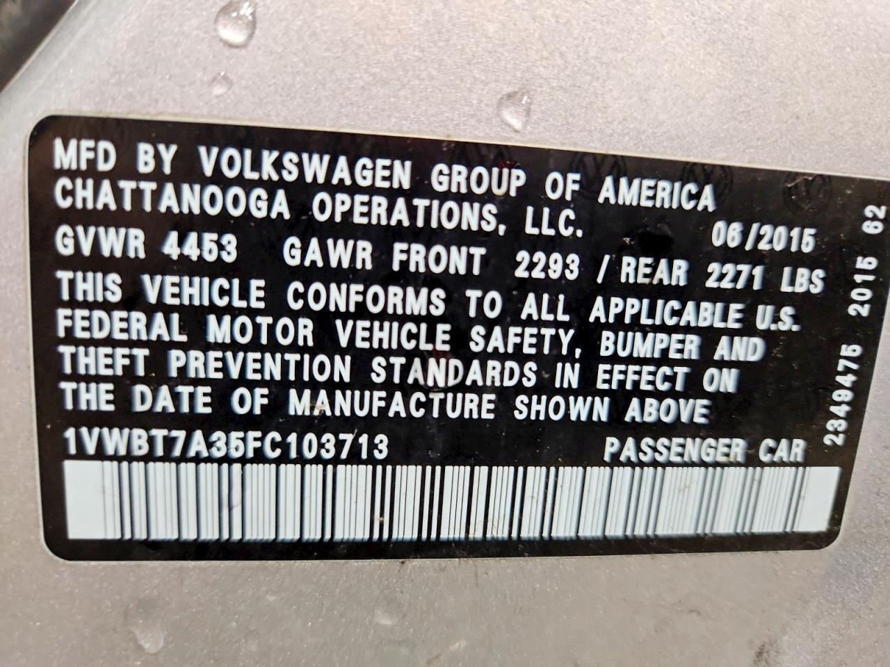 2015 Volkswagen Passat Se Silver vin: 1VWBT7A35FC103713