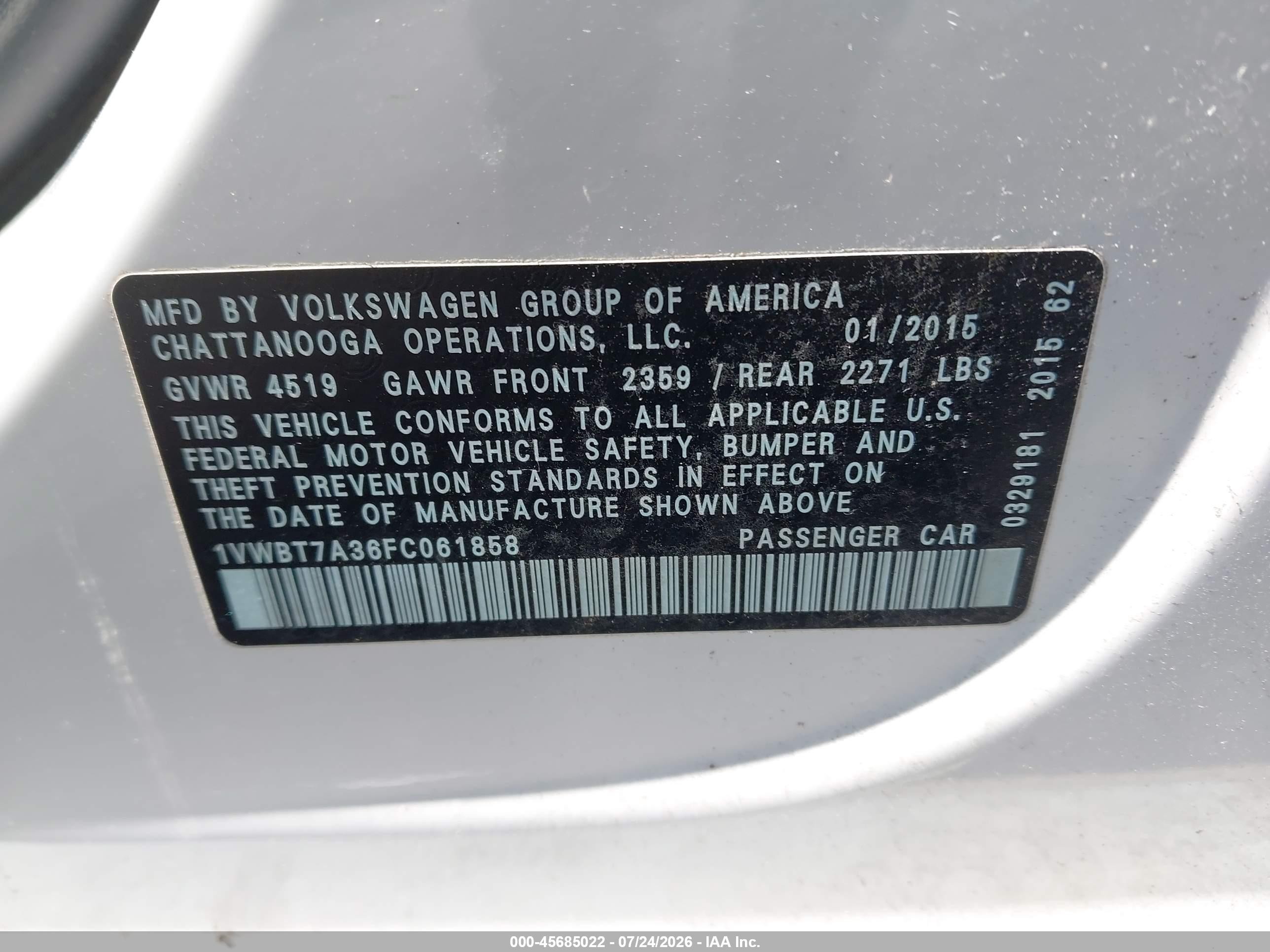 2015 Volkswagen Passat 1.8t Se White vin: 1VWBT7A36FC061858
