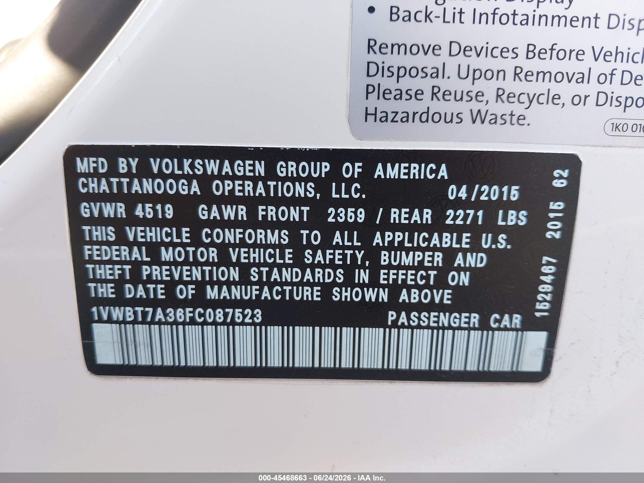 2015 Volkswagen Passat 1.8t Se White vin: 1VWBT7A36FC087523