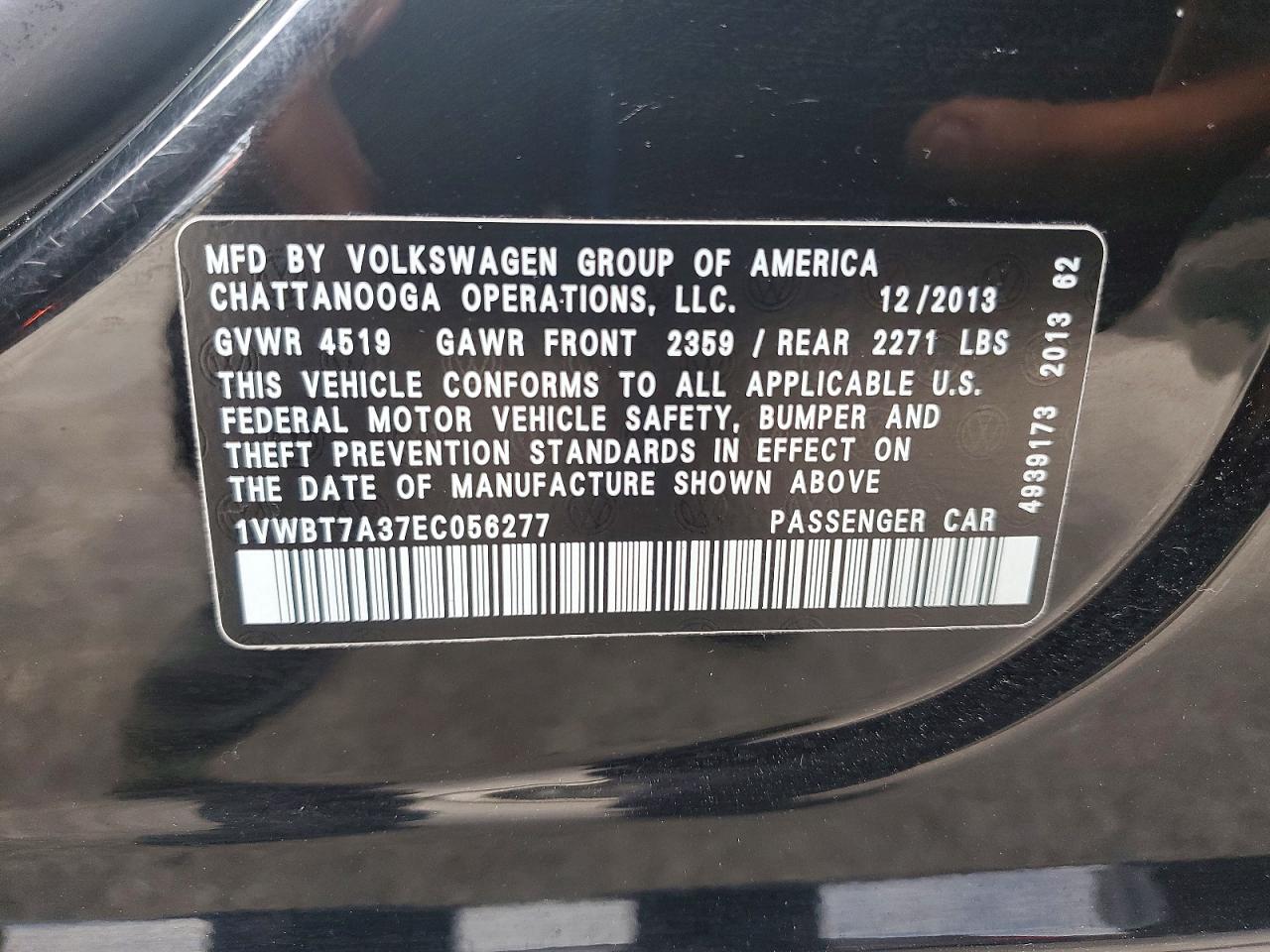 2014 Volkswagen Passat Se Black vin: 1VWBT7A37EC056277