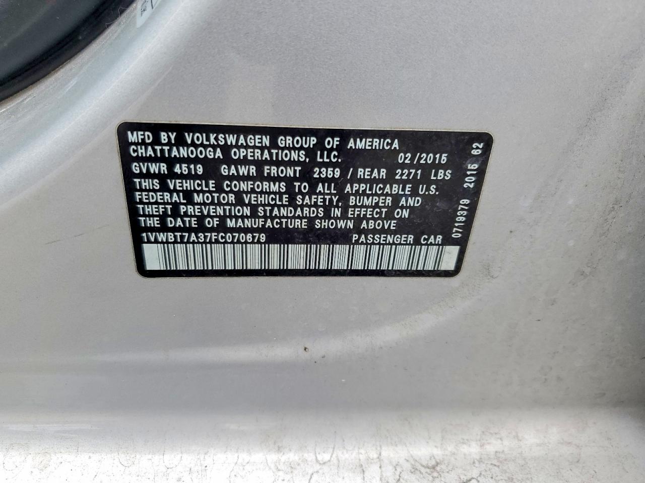 2015 Volkswagen Passat Se Silver vin: 1VWBT7A37FC070679