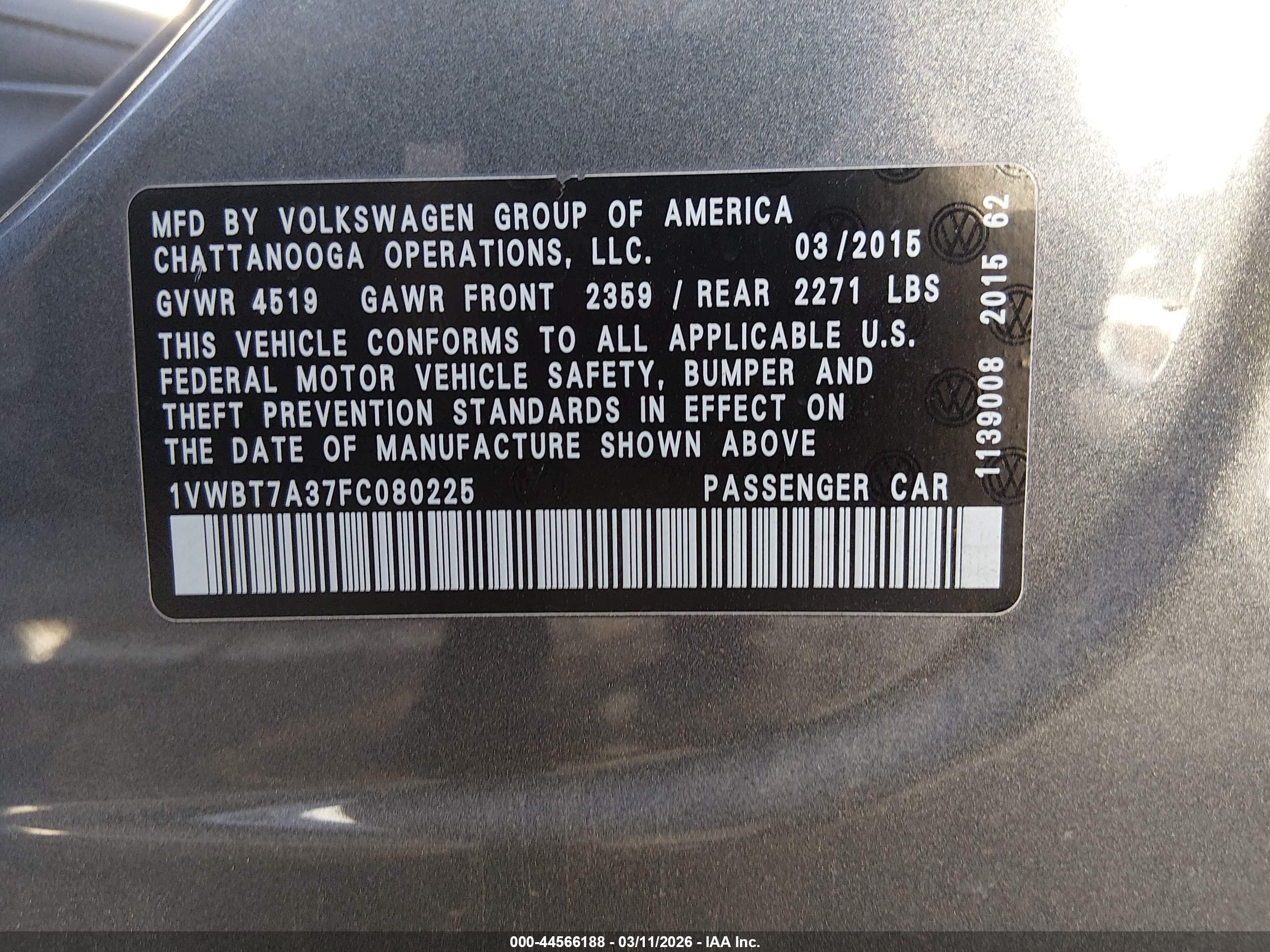 2015 Volkswagen Passat 1.8t Se Gray vin: 1VWBT7A37FC080225