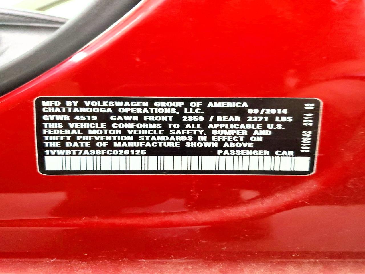 2015 Volkswagen Passat Se Red vin: 1VWBT7A38FC026125