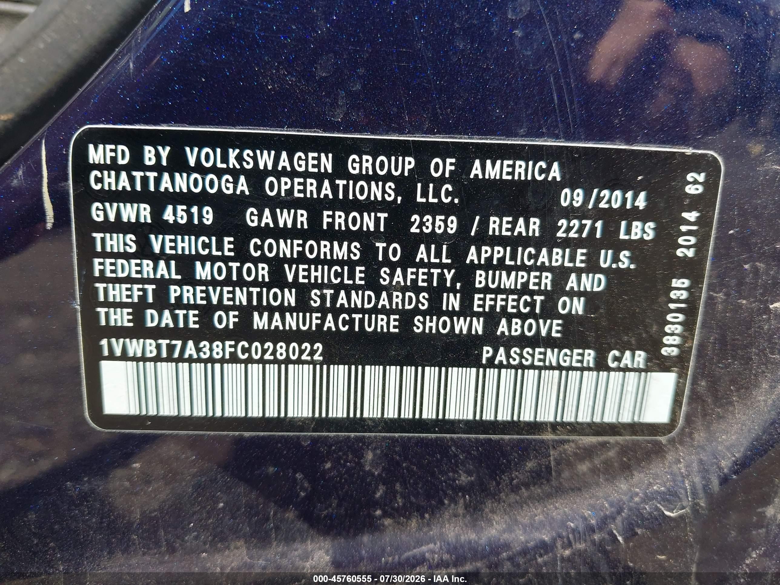 2015 Volkswagen Passat 1.8t Se Dark Blue vin: 1VWBT7A38FC028022
