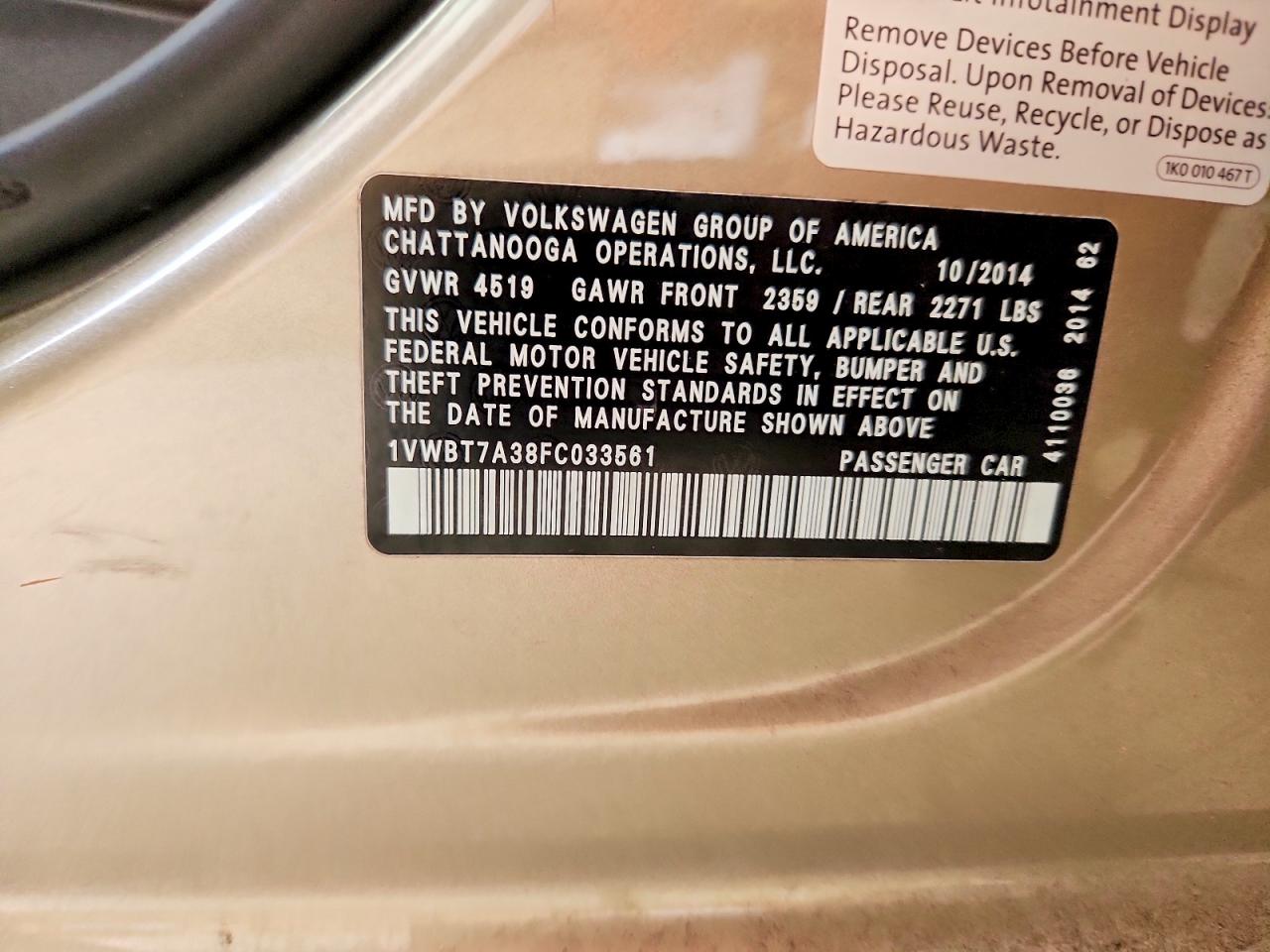 2015 Volkswagen Passat Se Tan vin: 1VWBT7A38FC033561