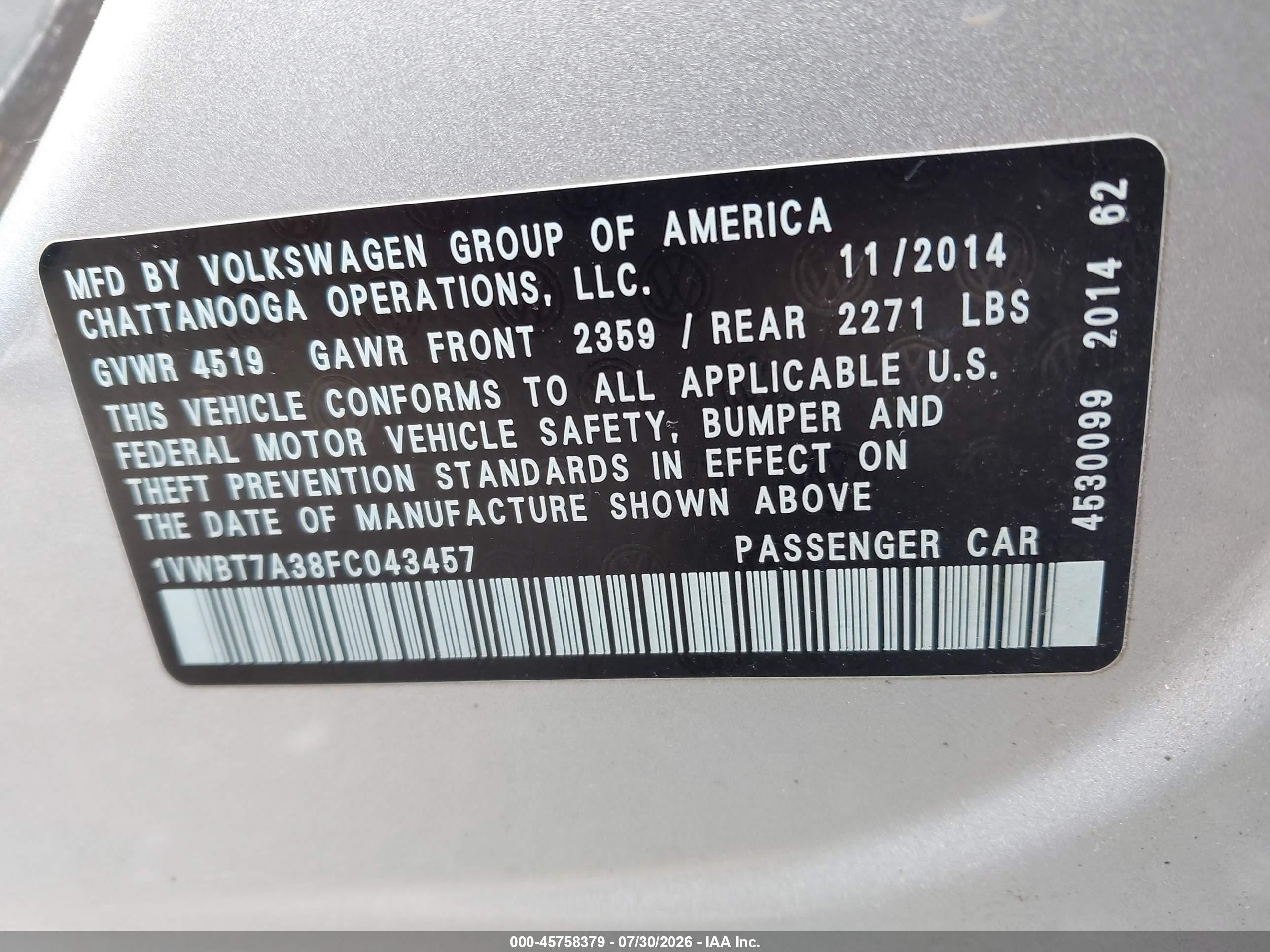 2015 Volkswagen Passat 1.8t Se Silver vin: 1VWBT7A38FC043457