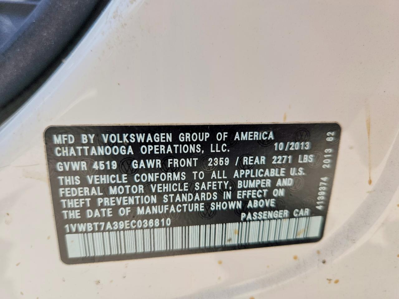 2014 Volkswagen Passat Se White vin: 1VWBT7A39EC036810