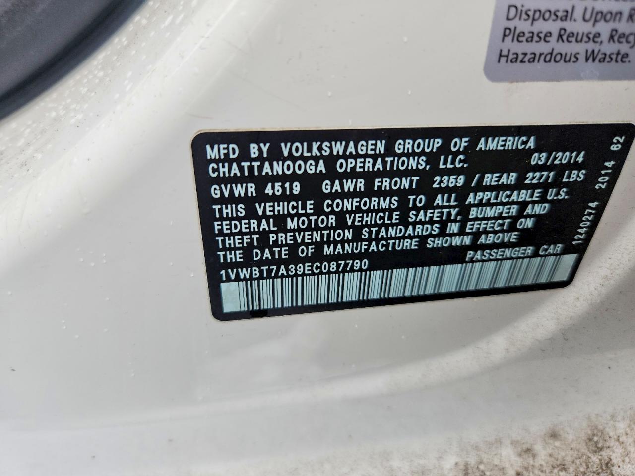 2014 Volkswagen Passat Se White vin: 1VWBT7A39EC087790