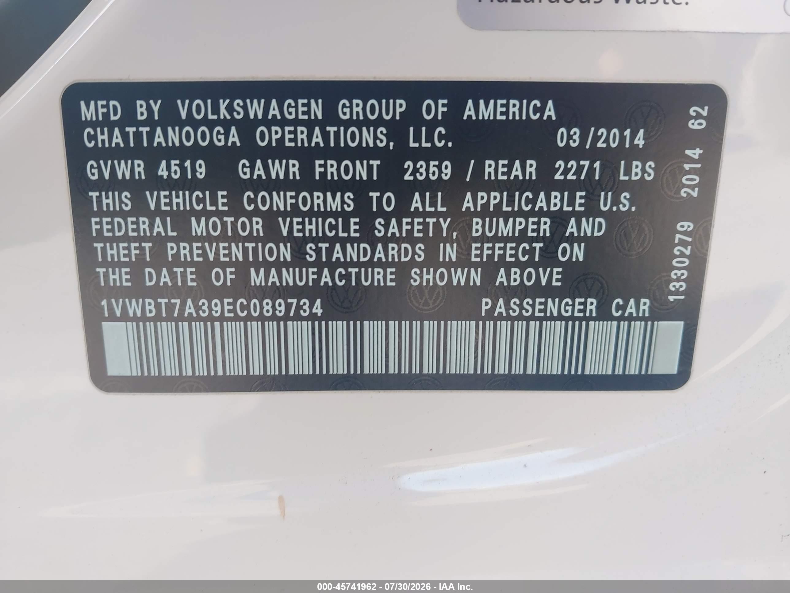 2014 Volkswagen Passat 1.8t Se White vin: 1VWBT7A39EC089734