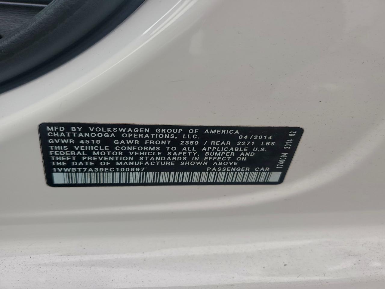 2014 Volkswagen Passat Se White vin: 1VWBT7A39EC100697