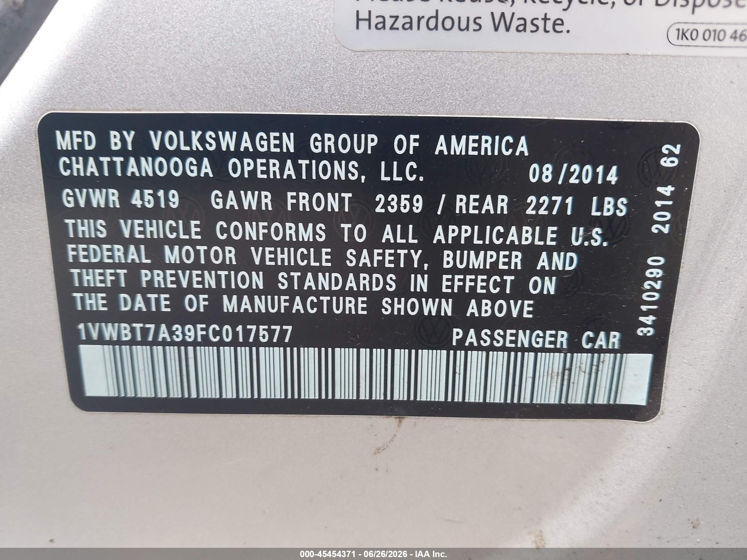 2015 Volkswagen Passat 1.8t Se Silver vin: 1VWBT7A39FC017577