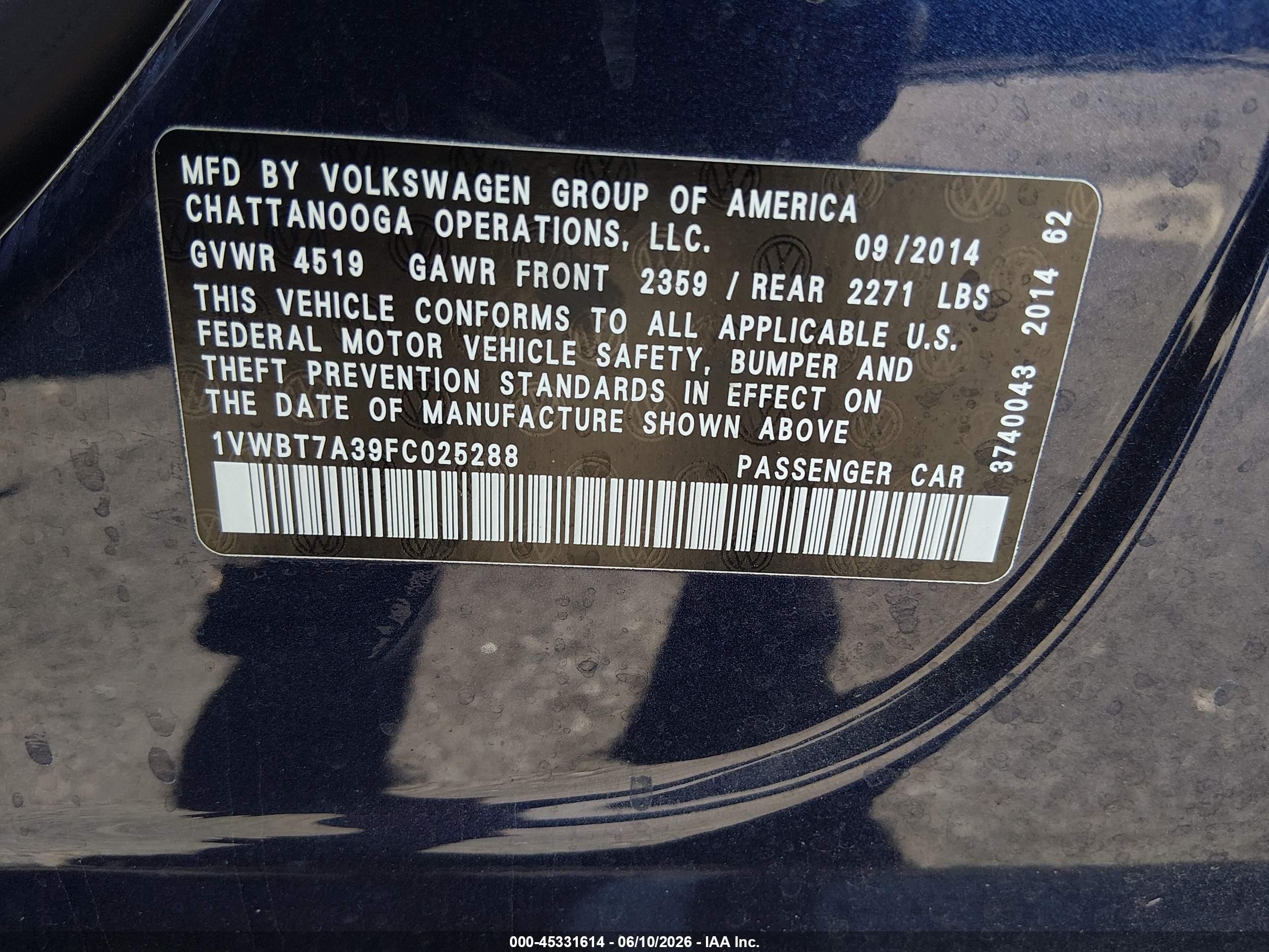 2015 Volkswagen Passat 1.8t Se Dark Blue vin: 1VWBT7A39FC025288