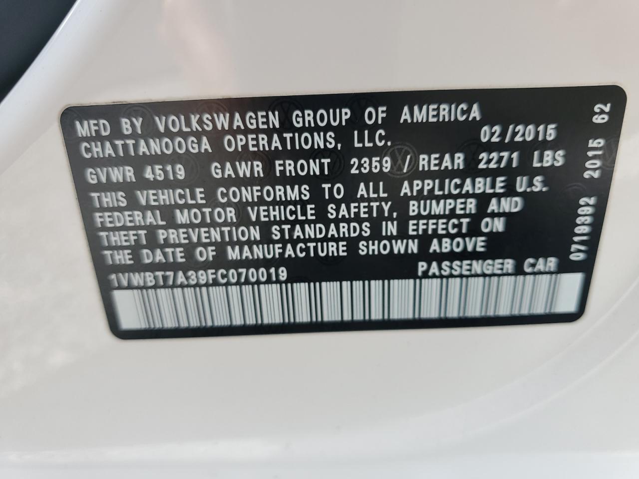 2015 Volkswagen Passat Se Белый vin: 1VWBT7A39FC070019