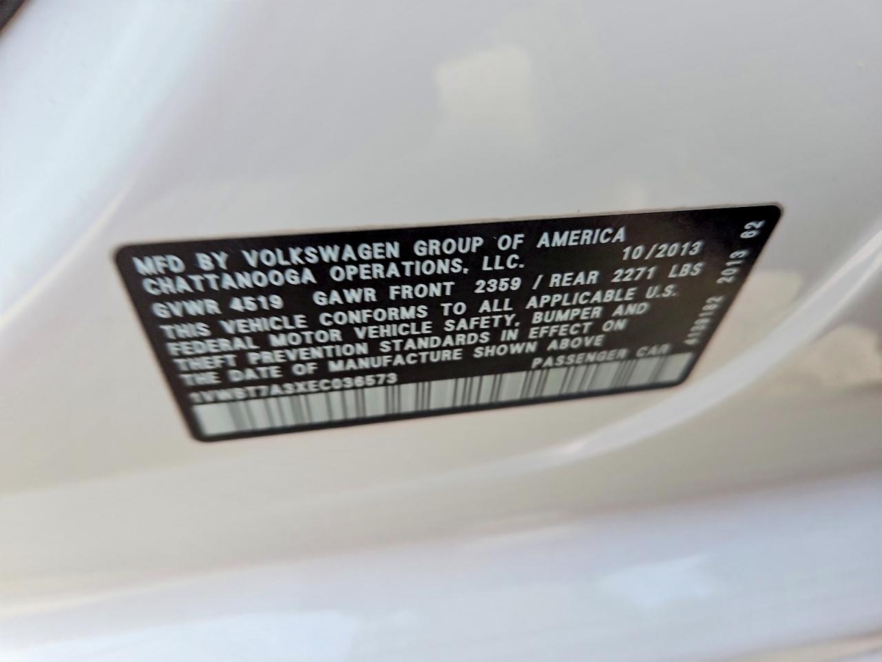 2014 Volkswagen Passat Se White vin: 1VWBT7A3XEC036573