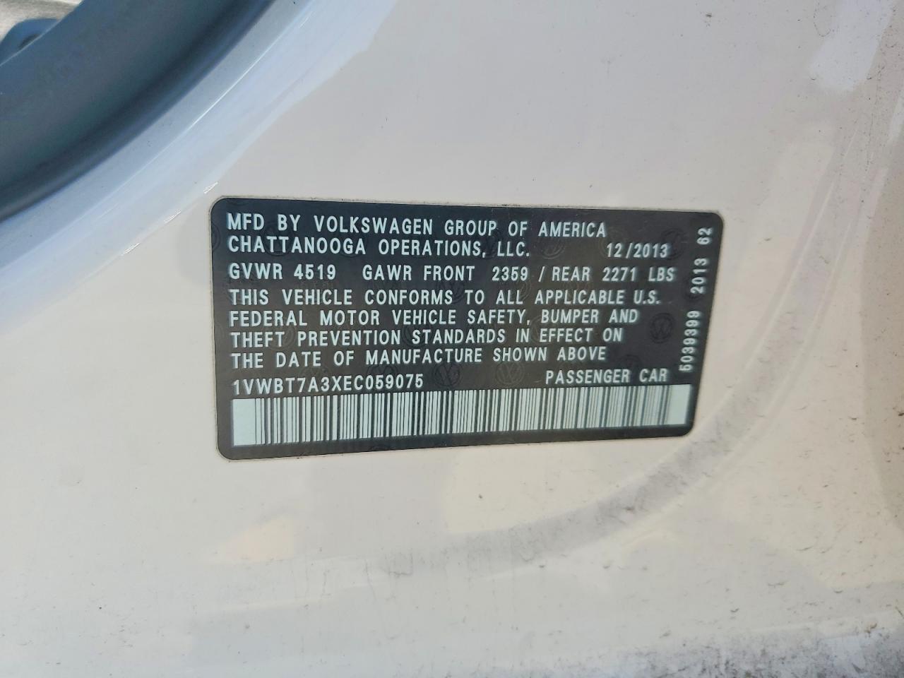 2014 Volkswagen Passat Se White vin: 1VWBT7A3XEC059075