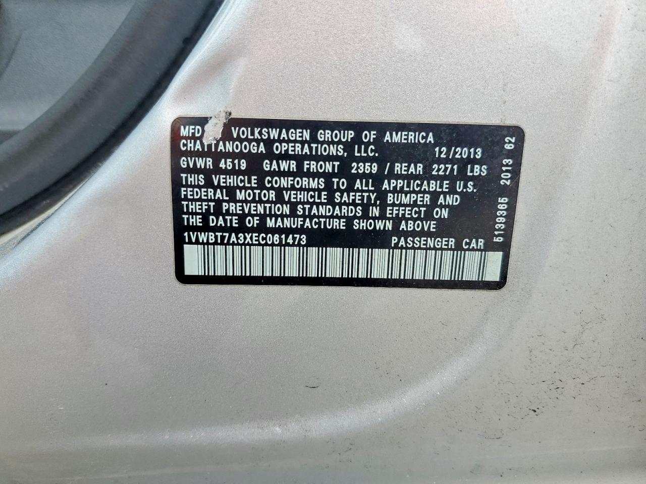 2014 Volkswagen Passat Se Silver vin: 1VWBT7A3XEC061473