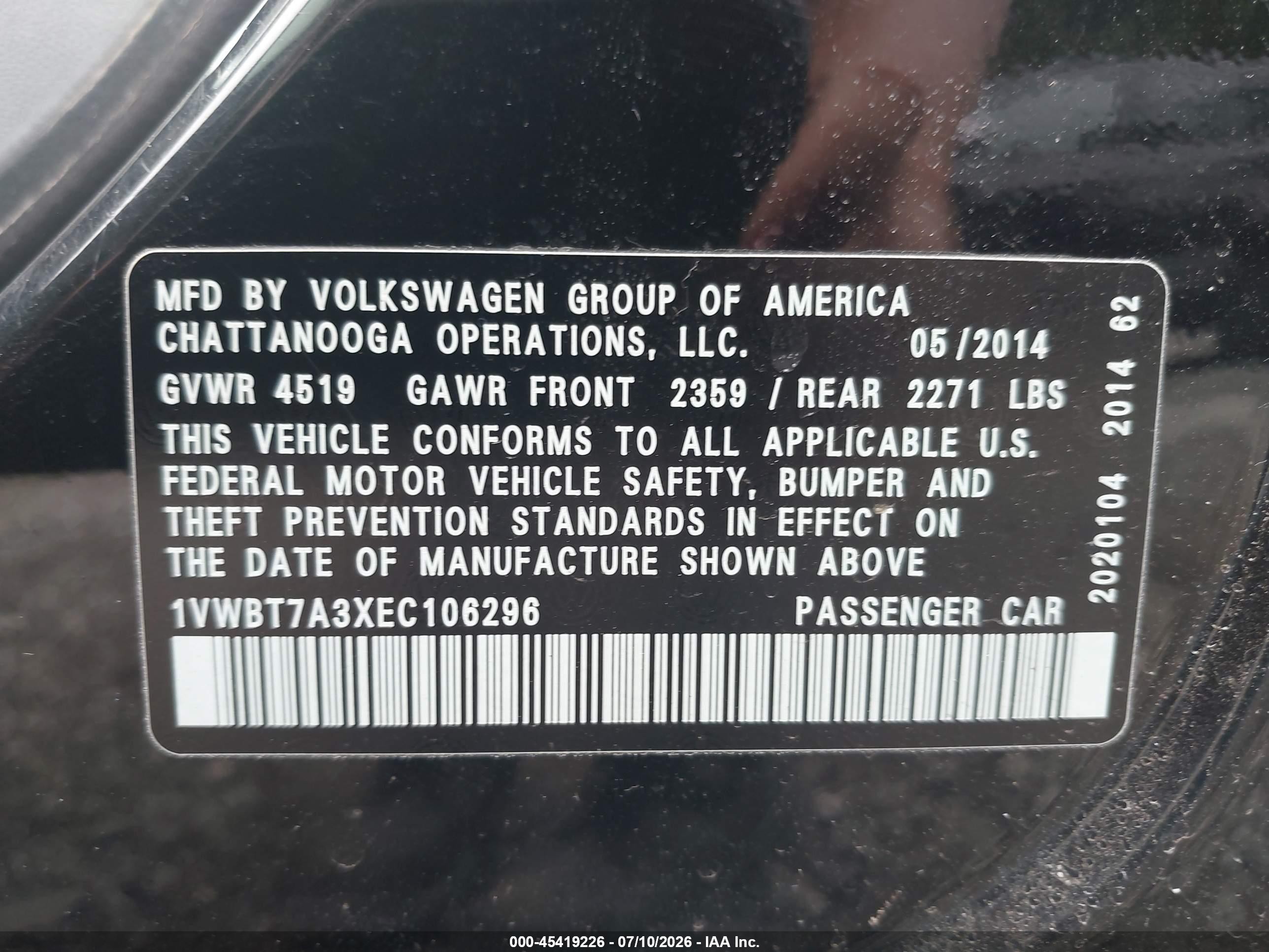 2014 Volkswagen Passat 1.8t Se Black vin: 1VWBT7A3XEC106296
