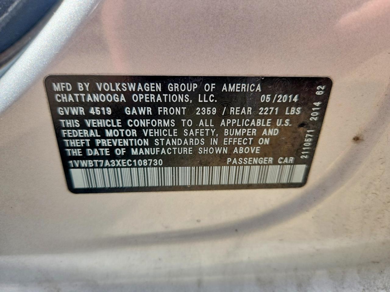 2014 Volkswagen Passat Se Silver vin: 1VWBT7A3XEC108730