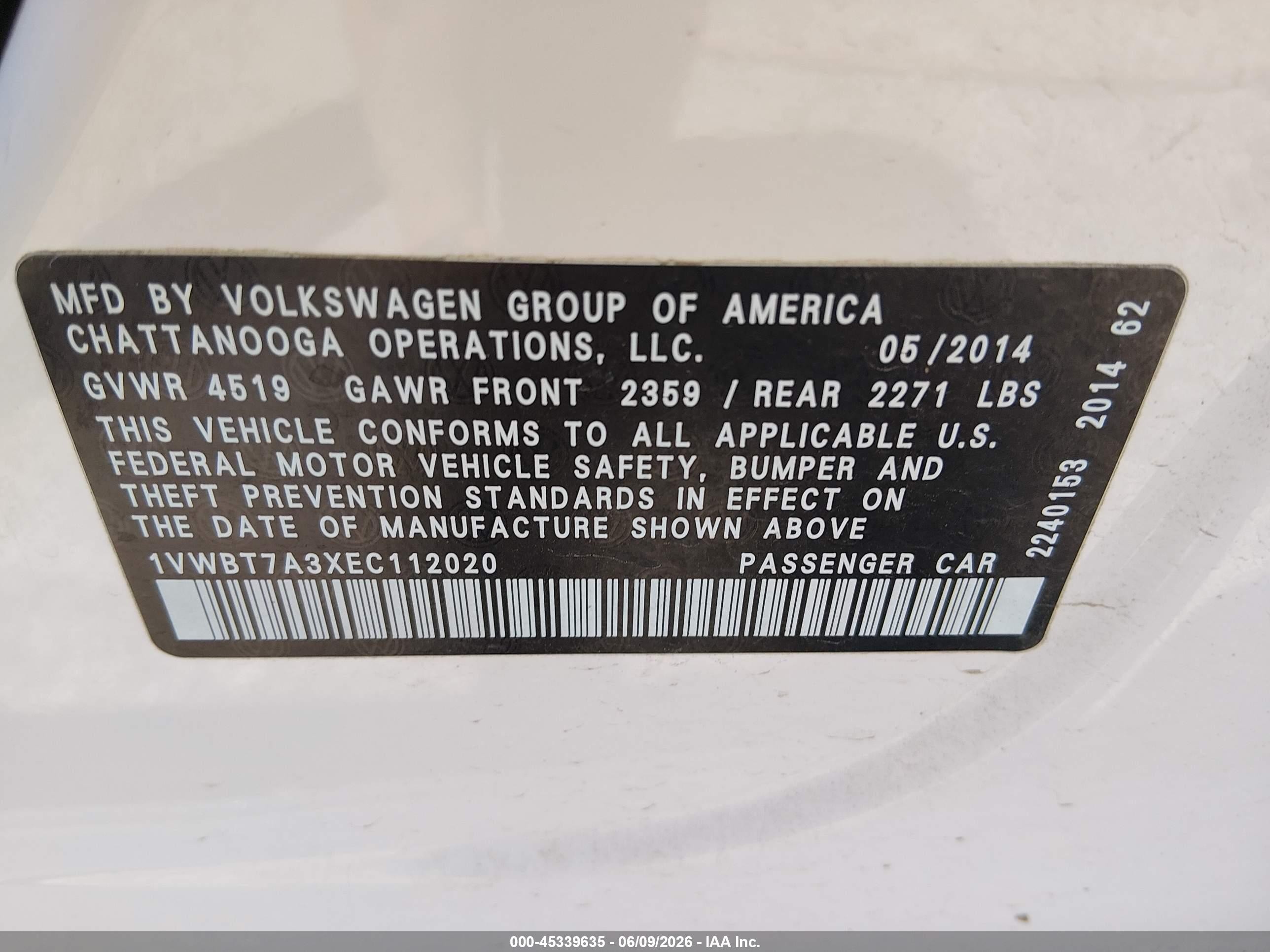 2014 Volkswagen Passat 1.8t Se Белый vin: 1VWBT7A3XEC112020