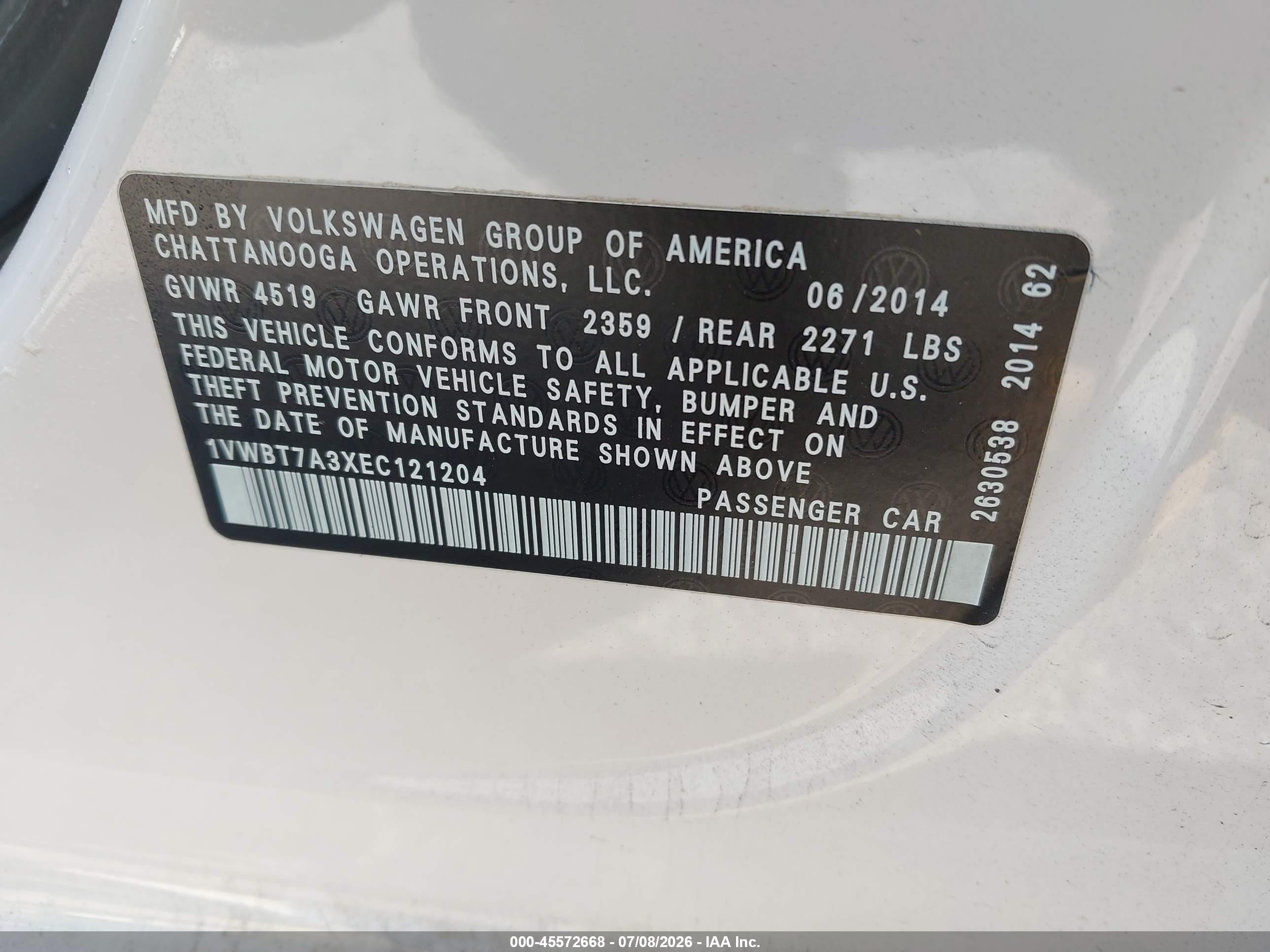 2014 Volkswagen Passat 1.8t Se White vin: 1VWBT7A3XEC121204