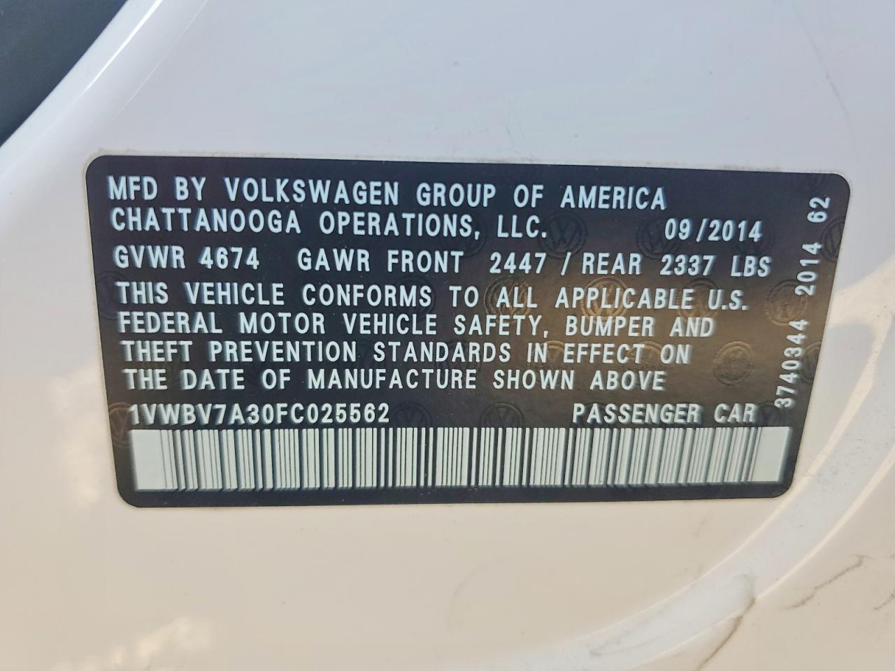 2015 Volkswagen Passat Se White vin: 1VWBV7A30FC025562