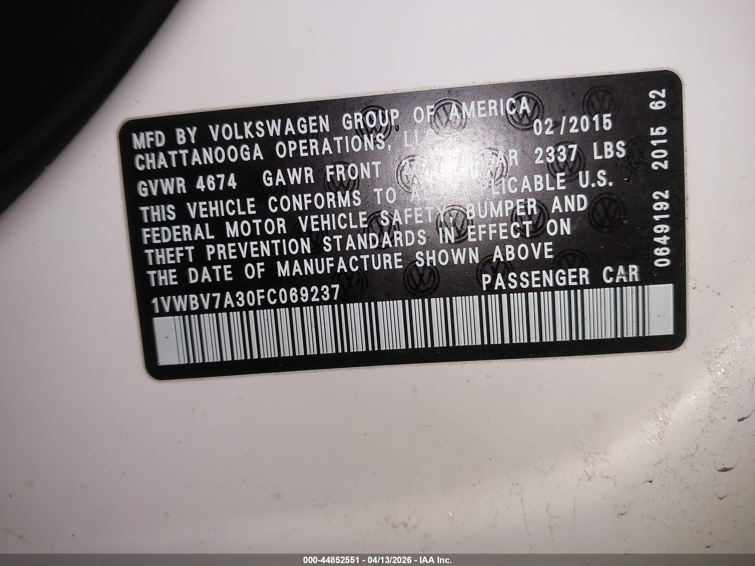 2015 Volkswagen Passat 2.0l Tdi Se Белый vin: 1VWBV7A30FC069237