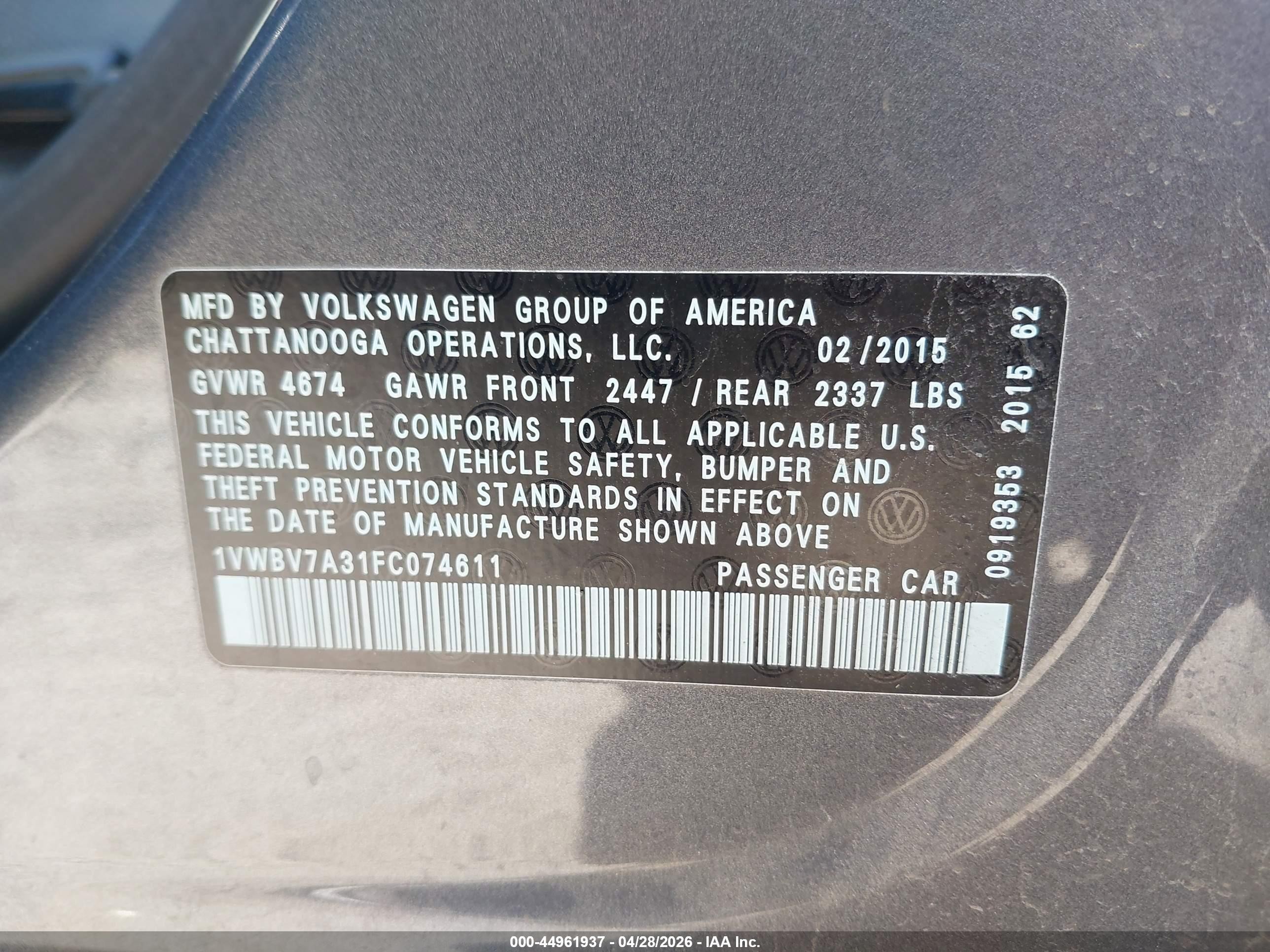 2015 Volkswagen Passat 2.0l Tdi Se Gray vin: 1VWBV7A31FC074611