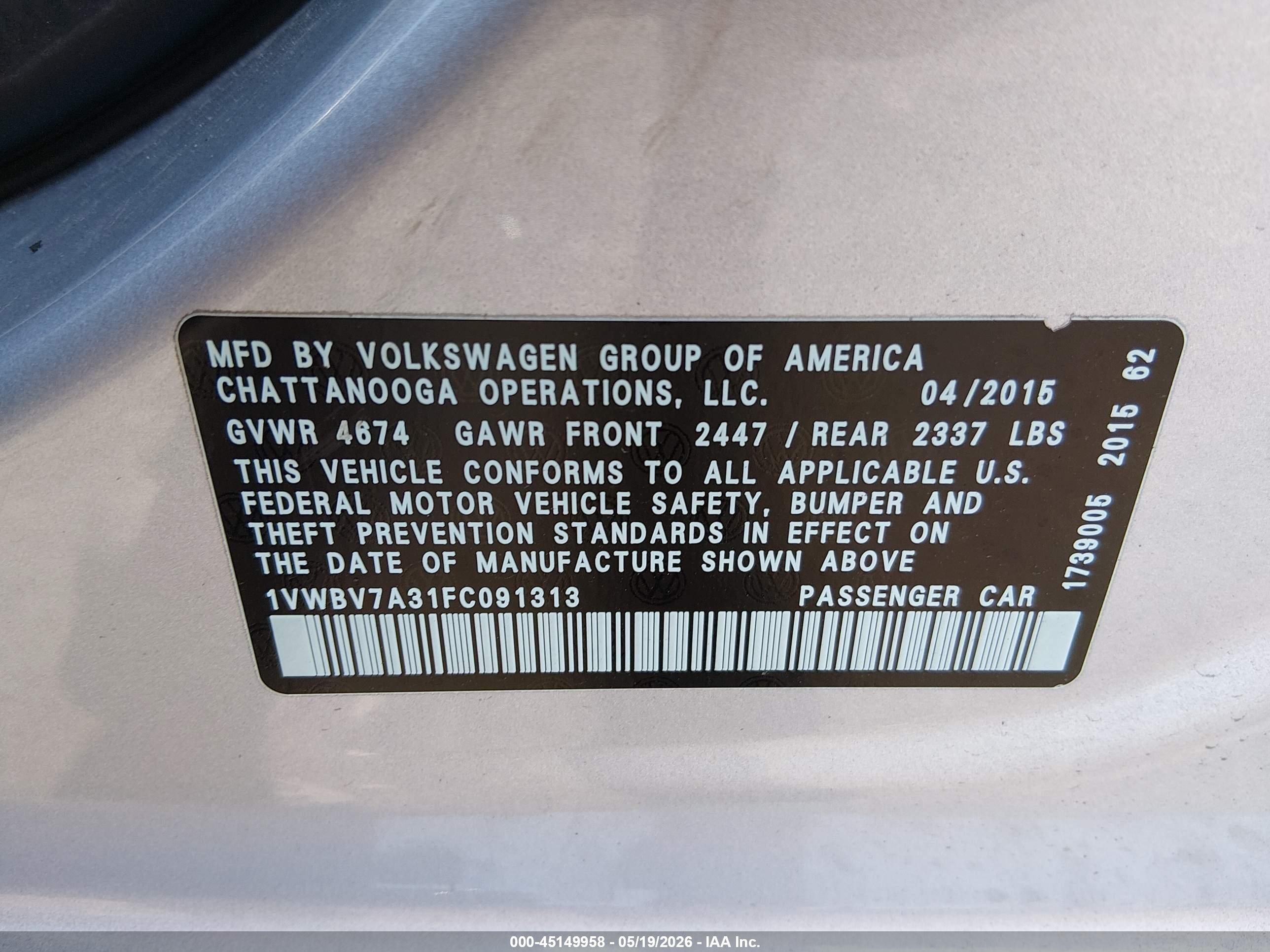 2015 Volkswagen Passat 2.0l Tdi Se Серебряный vin: 1VWBV7A31FC091313