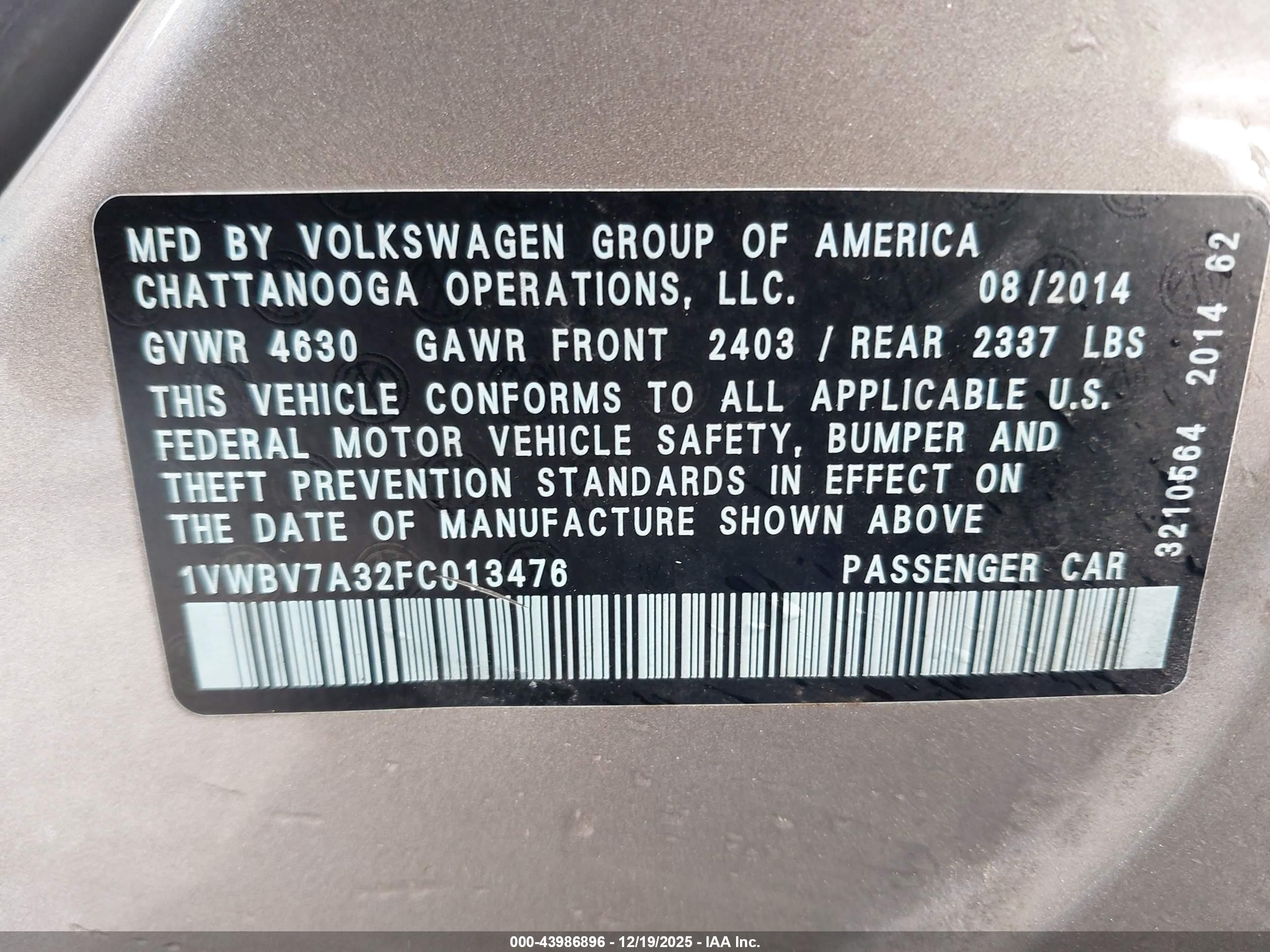 2015 Volkswagen Passat 2.0l Tdi Se Gold vin: 1VWBV7A32FC013476
