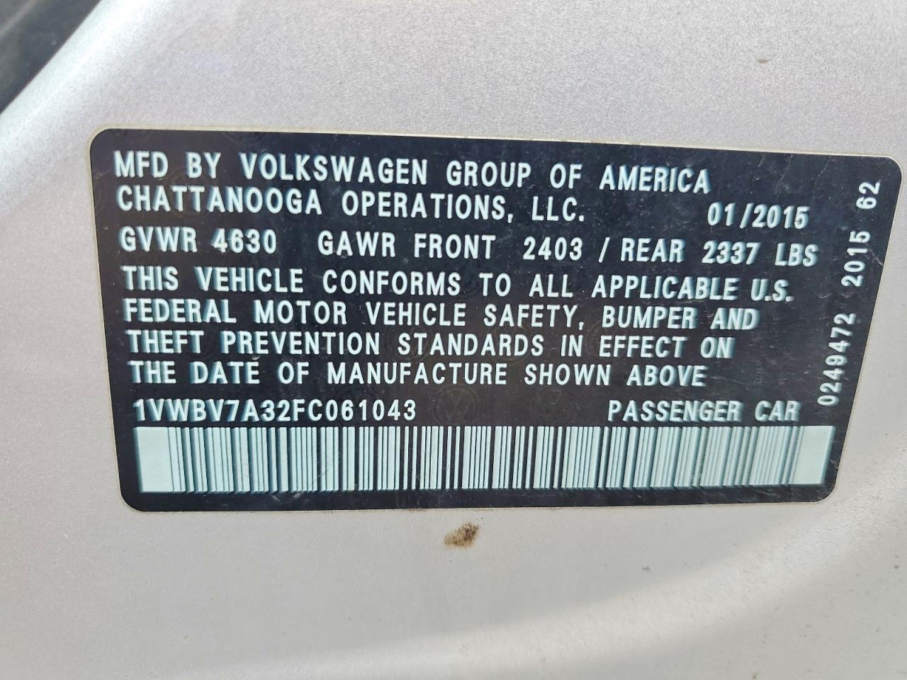 2015 Volkswagen Passat Se Silver vin: 1VWBV7A32FC061043
