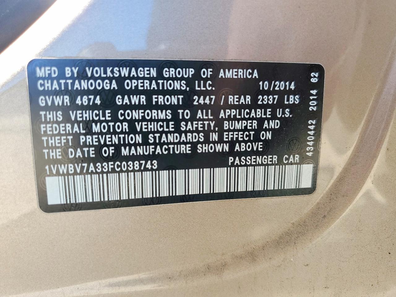 2015 Volkswagen Passat Se Tan vin: 1VWBV7A33FC038743