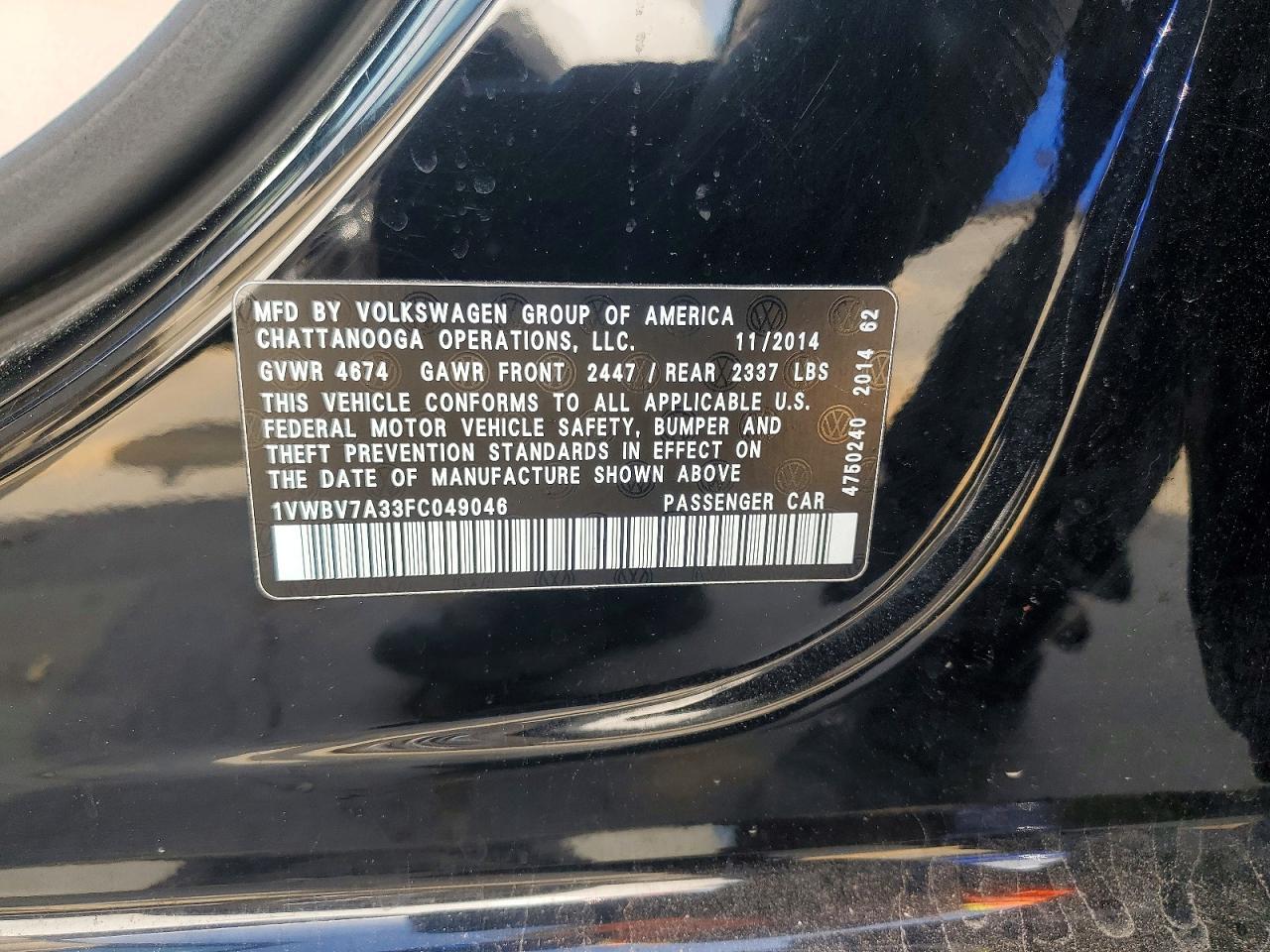 2015 Volkswagen Passat Black vin: 1VWBV7A33FC049046