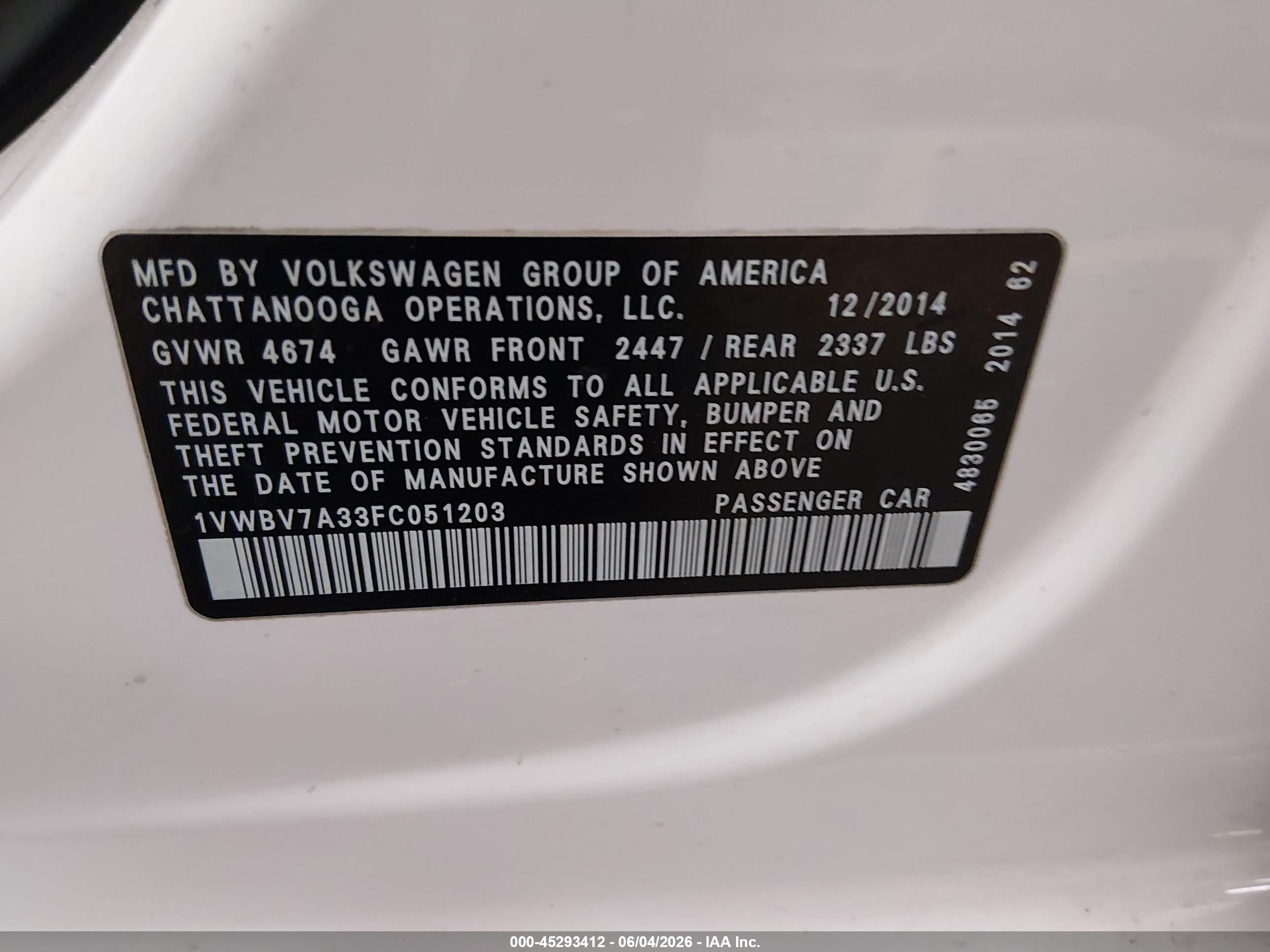 2015 Volkswagen Passat 2.0l Tdi Se White vin: 1VWBV7A33FC051203