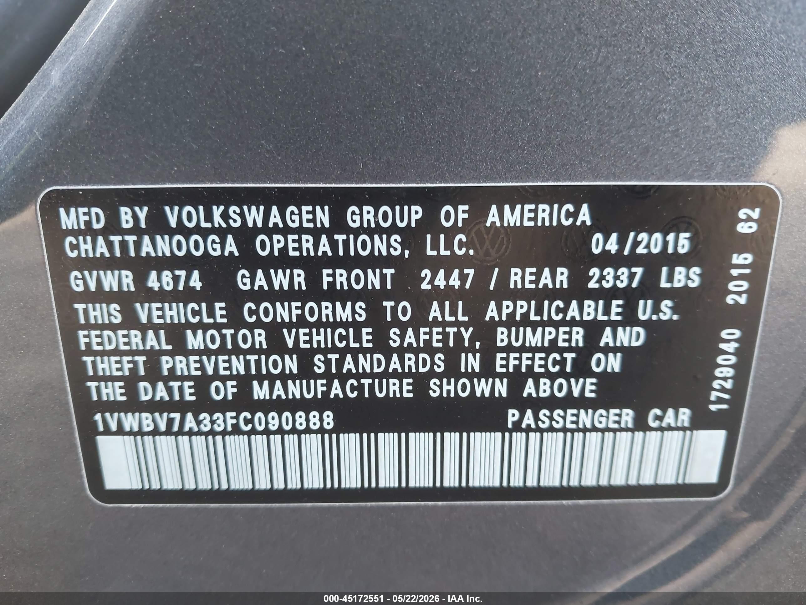 2015 Volkswagen Passat 2.0l Tdi Se Gray vin: 1VWBV7A33FC090888