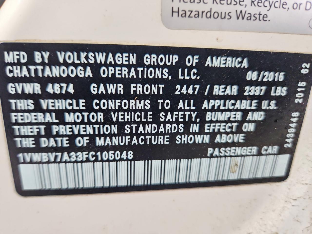 2015 Volkswagen Passat Se White vin: 1VWBV7A33FC105048