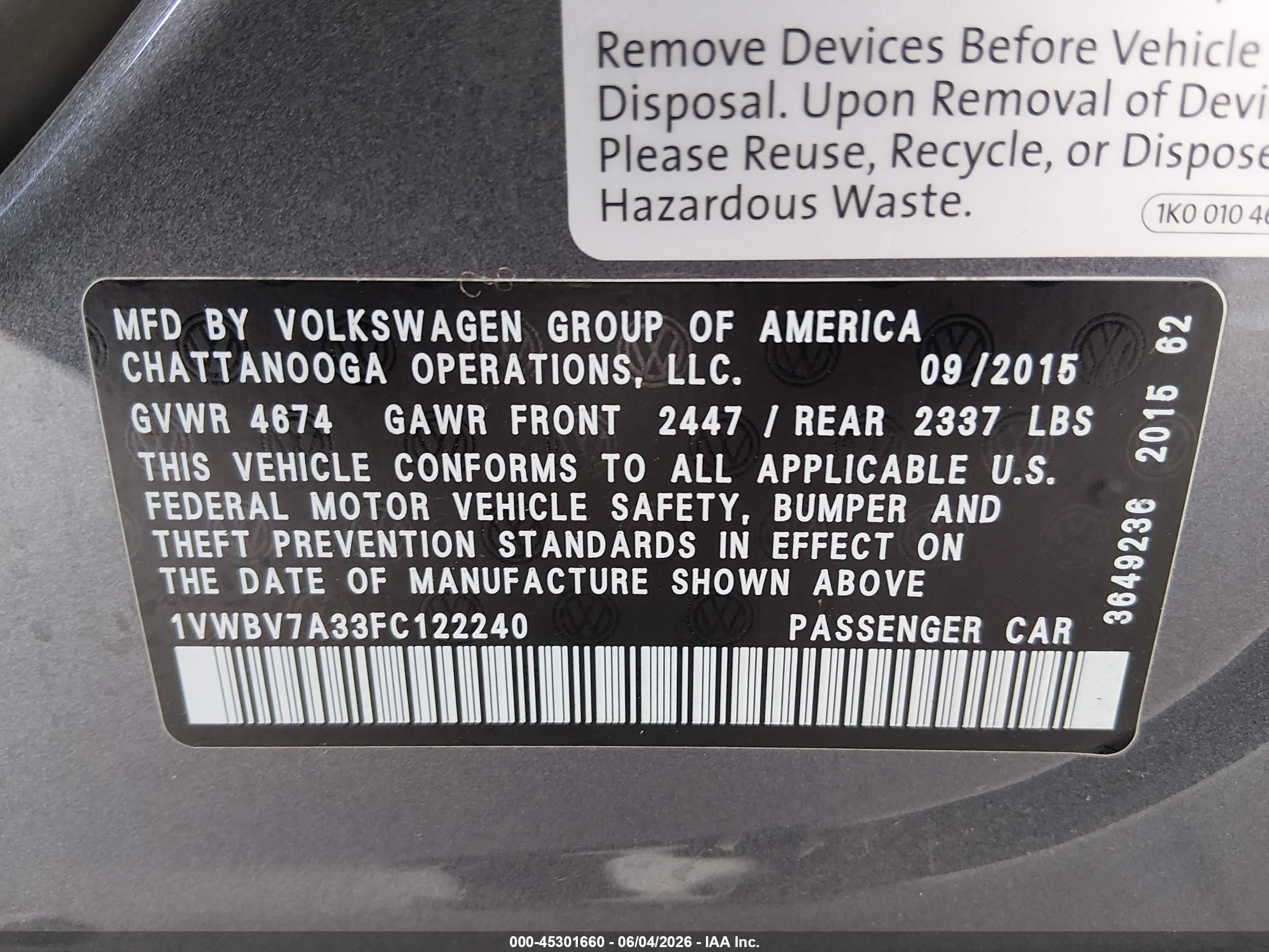 2015 Volkswagen Passat 2.0l Tdi Se Gray vin: 1VWBV7A33FC122240