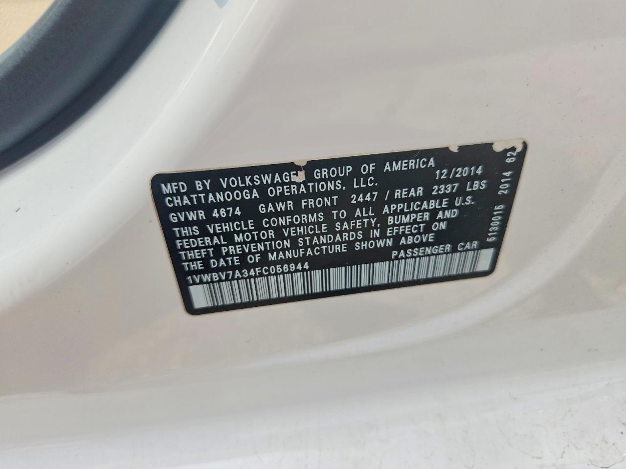 2015 Volkswagen Passat Se White vin: 1VWBV7A34FC056944