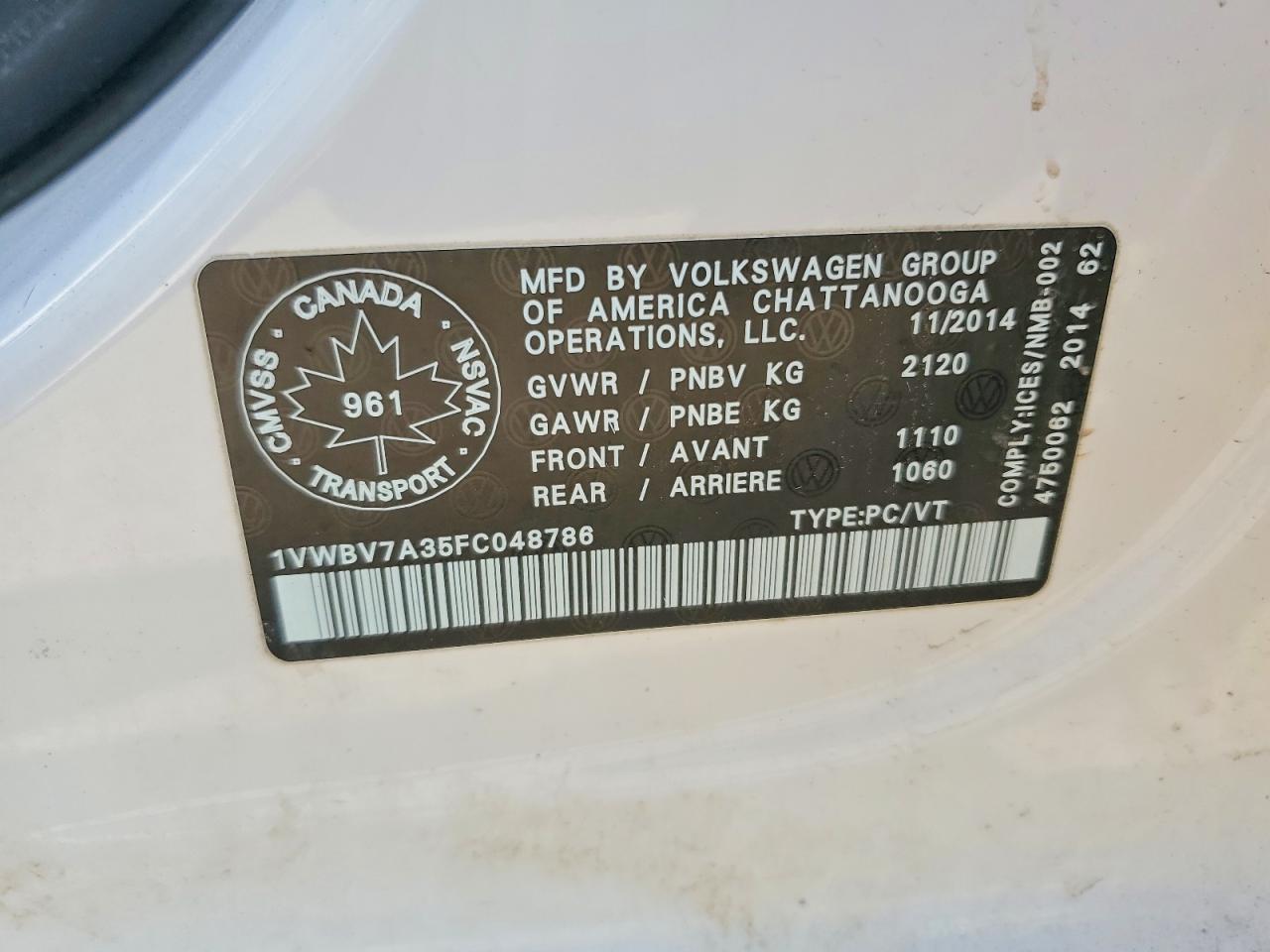 2015 Volkswagen Passat Se White vin: 1VWBV7A35FC048786