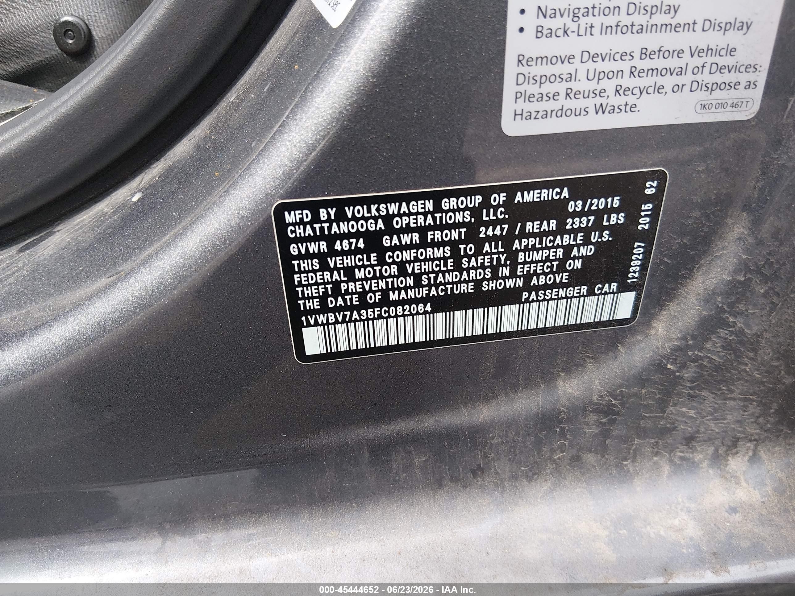 2015 Volkswagen Passat 2.0l Tdi Se Gray vin: 1VWBV7A35FC082064
