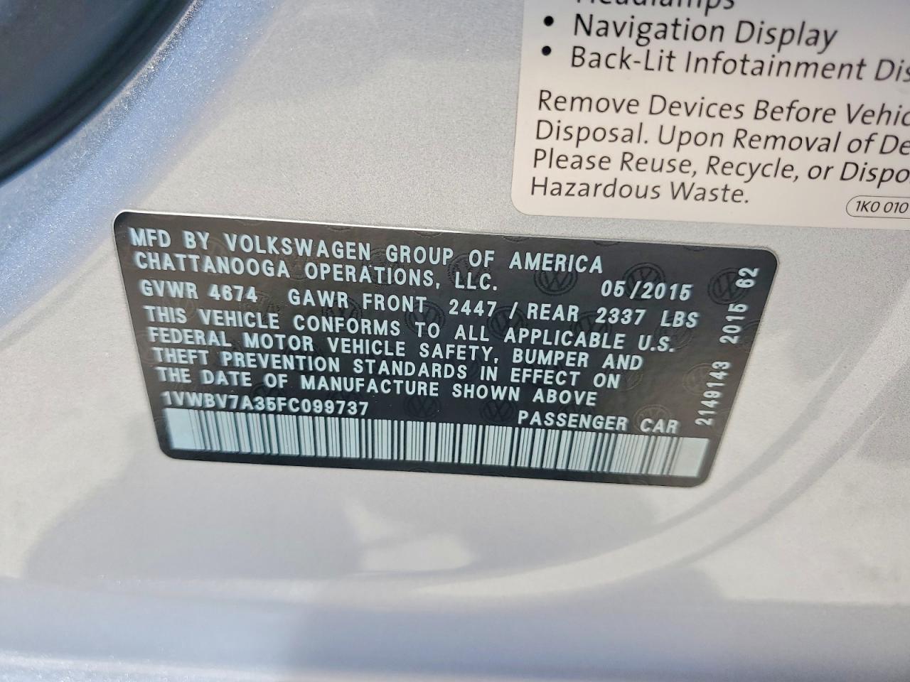 2015 Volkswagen Passat Se Silver vin: 1VWBV7A35FC099737