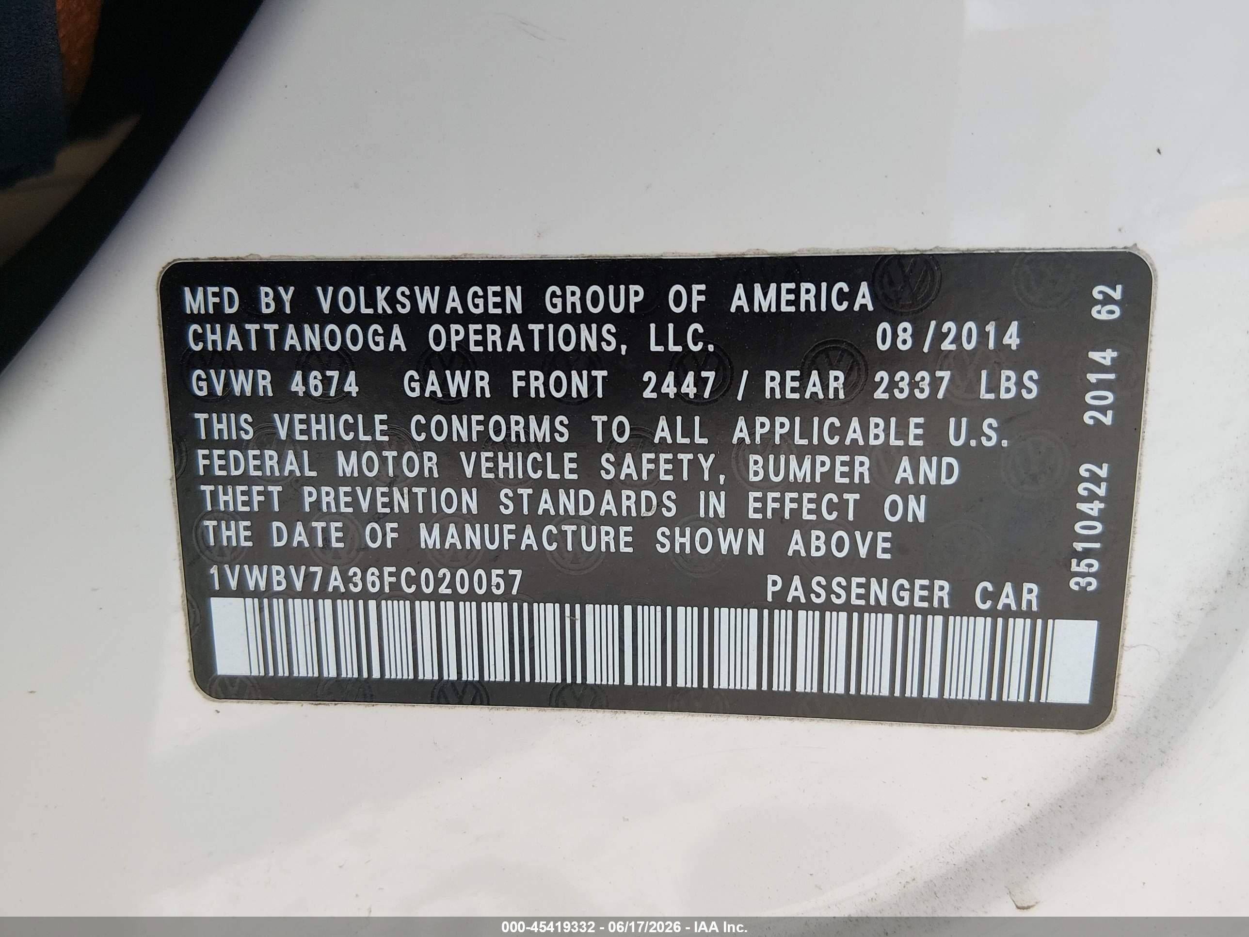 2015 Volkswagen Passat 2.0l Tdi Se White vin: 1VWBV7A36FC020057