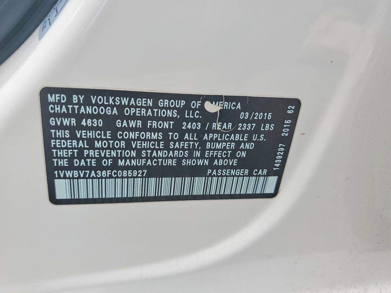 2015 Volkswagen Passat Se White vin: 1VWBV7A36FC085927