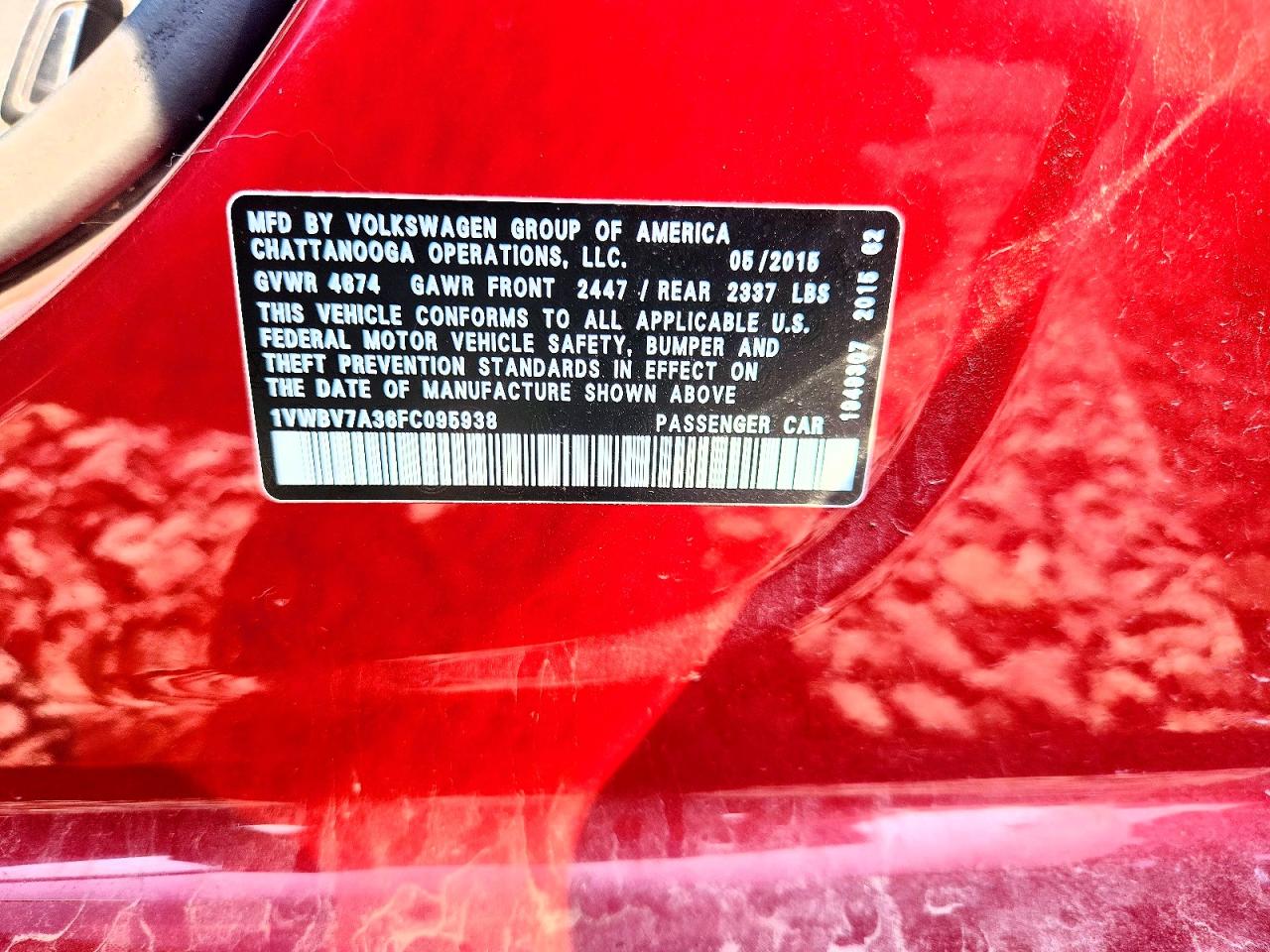 2015 Volkswagen Passat Se Red vin: 1VWBV7A36FC095938