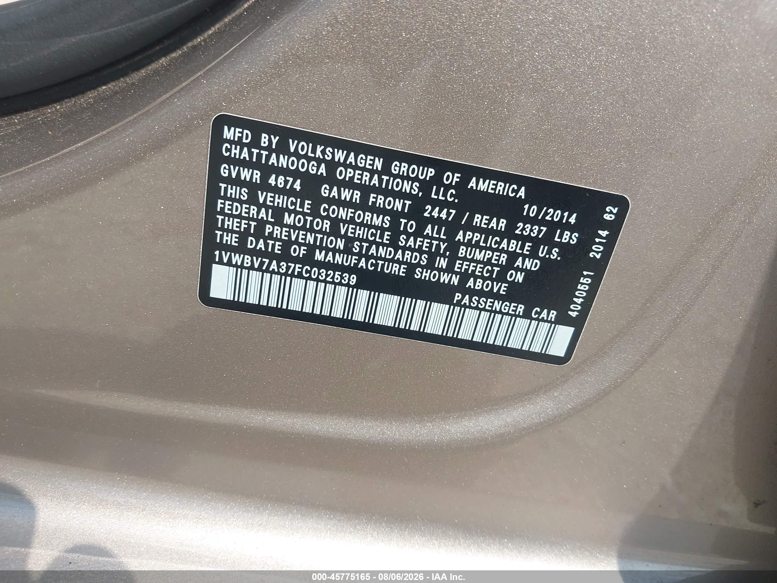 2015 Volkswagen Passat 2.0l Tdi Se Tan vin: 1VWBV7A37FC032539