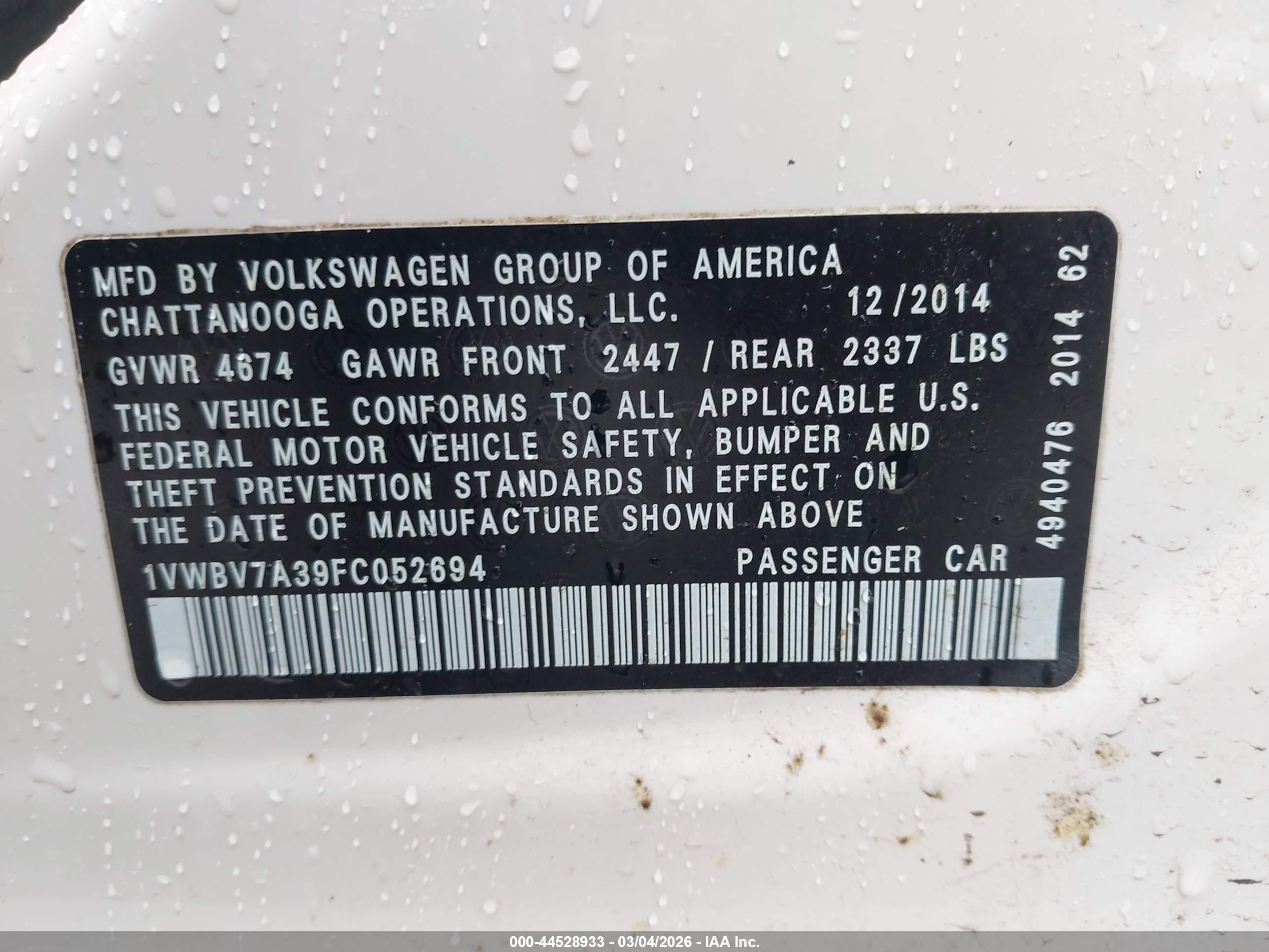 2015 Volkswagen Passat 2.0l Tdi Se White vin: 1VWBV7A39FC052694