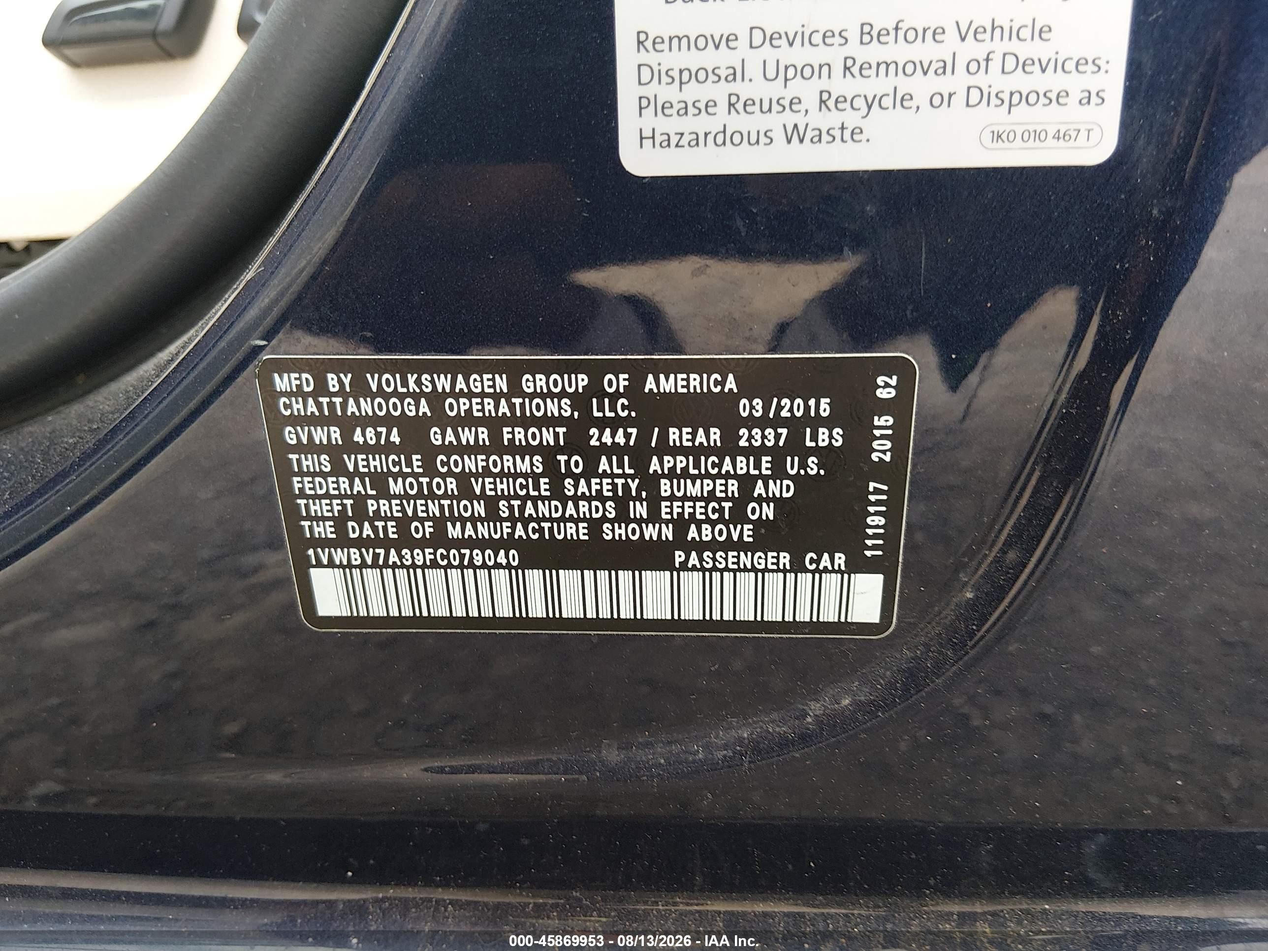 2015 Volkswagen Passat 2.0l Tdi Se Dark Blue vin: 1VWBV7A39FC079040