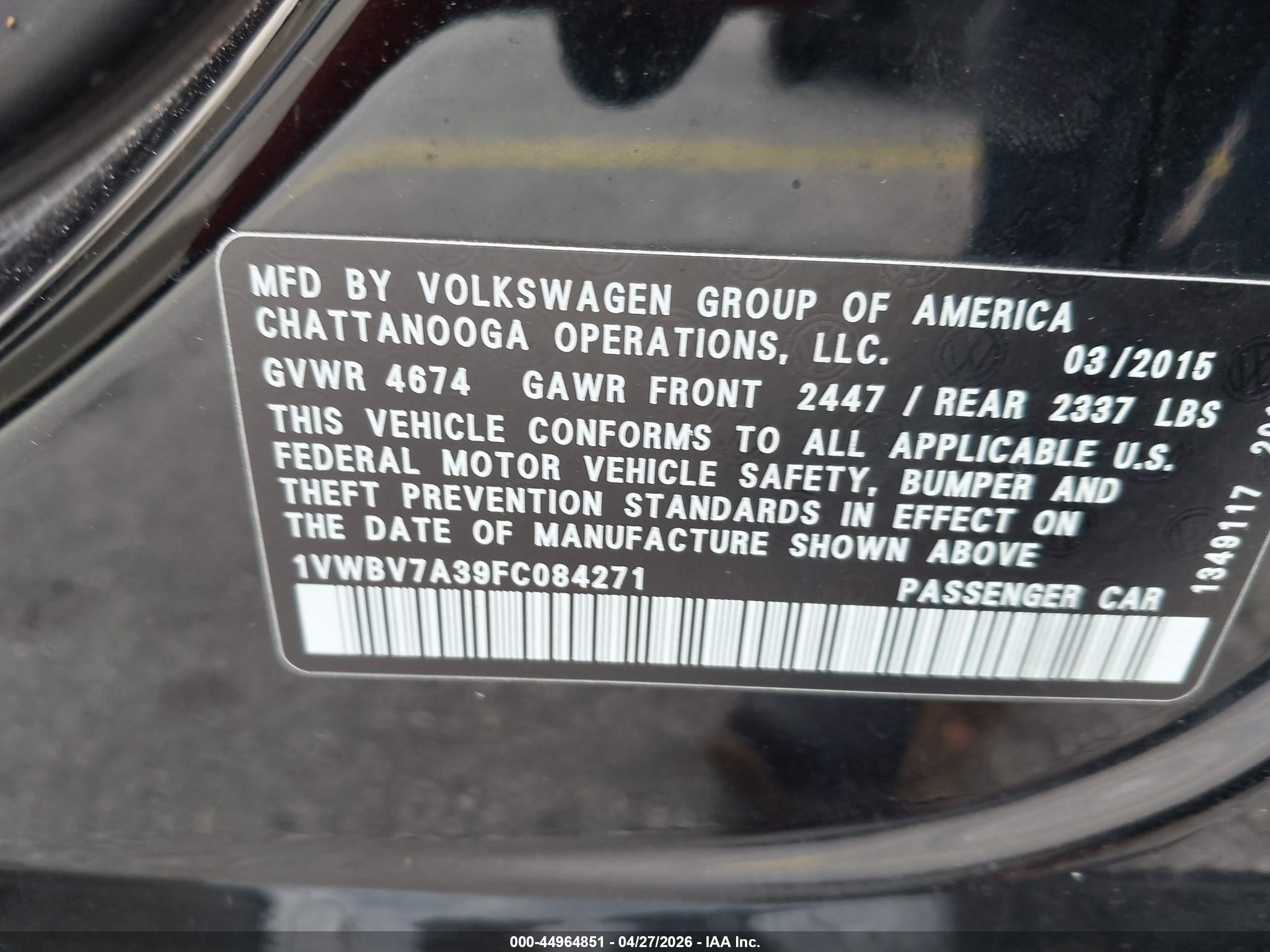 2015 Volkswagen Passat 2.0l Tdi Se Black vin: 1VWBV7A39FC084271