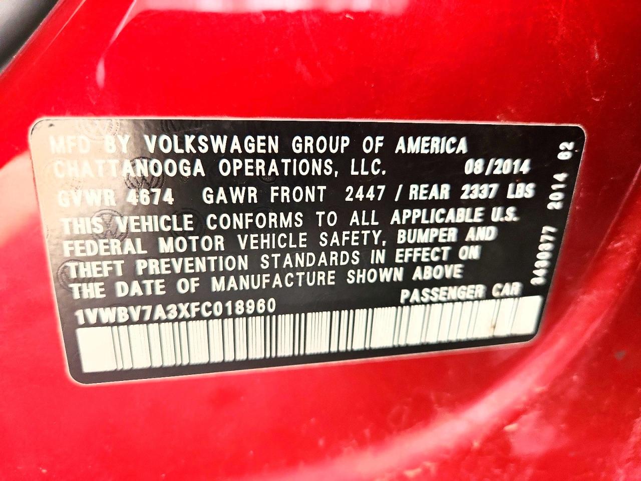 2015 Volkswagen Passat Se Burgundy vin: 1VWBV7A3XFC018960
