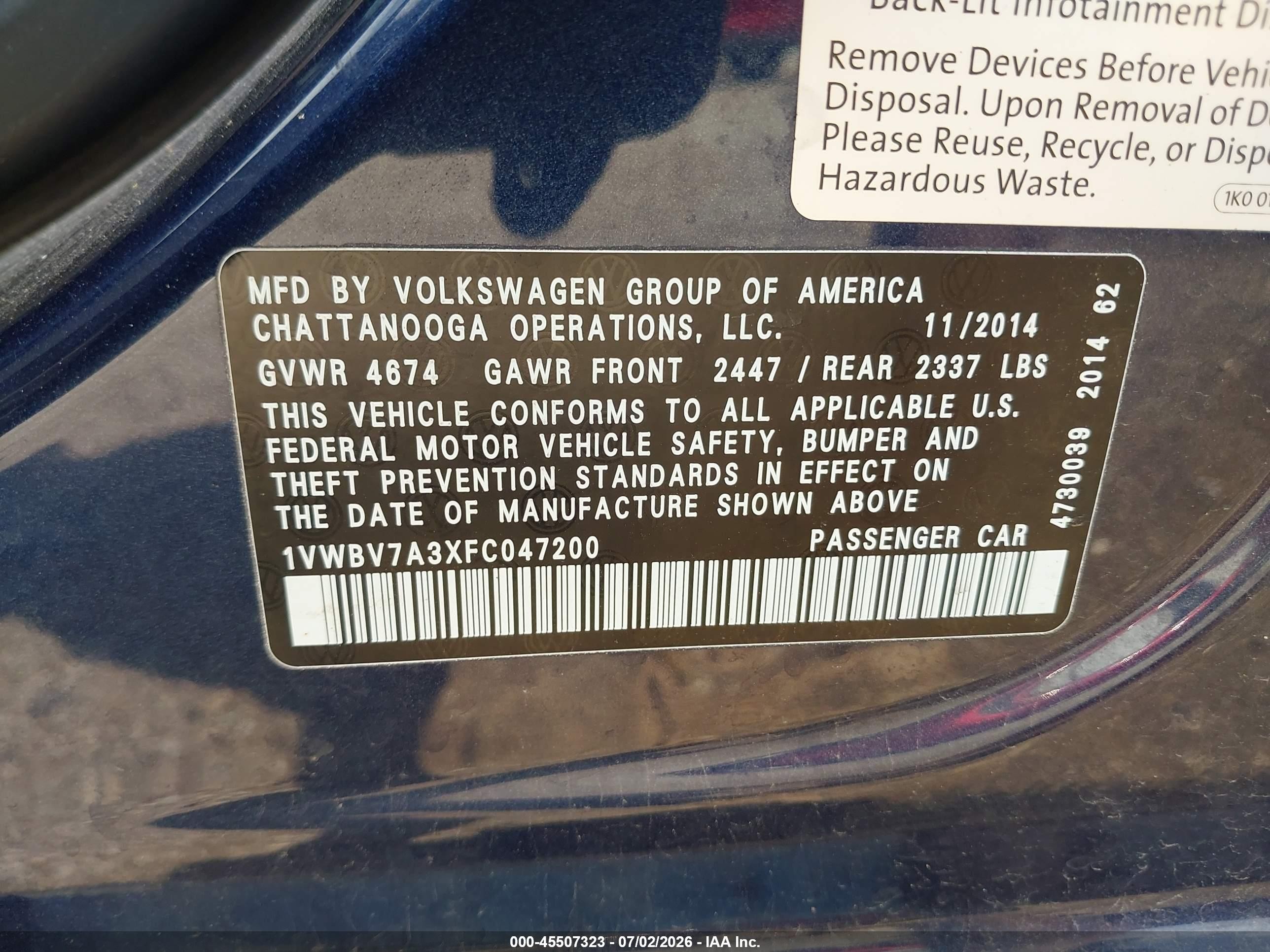 2015 Volkswagen Passat 2.0l Tdi Se Dark Blue vin: 1VWBV7A3XFC047200